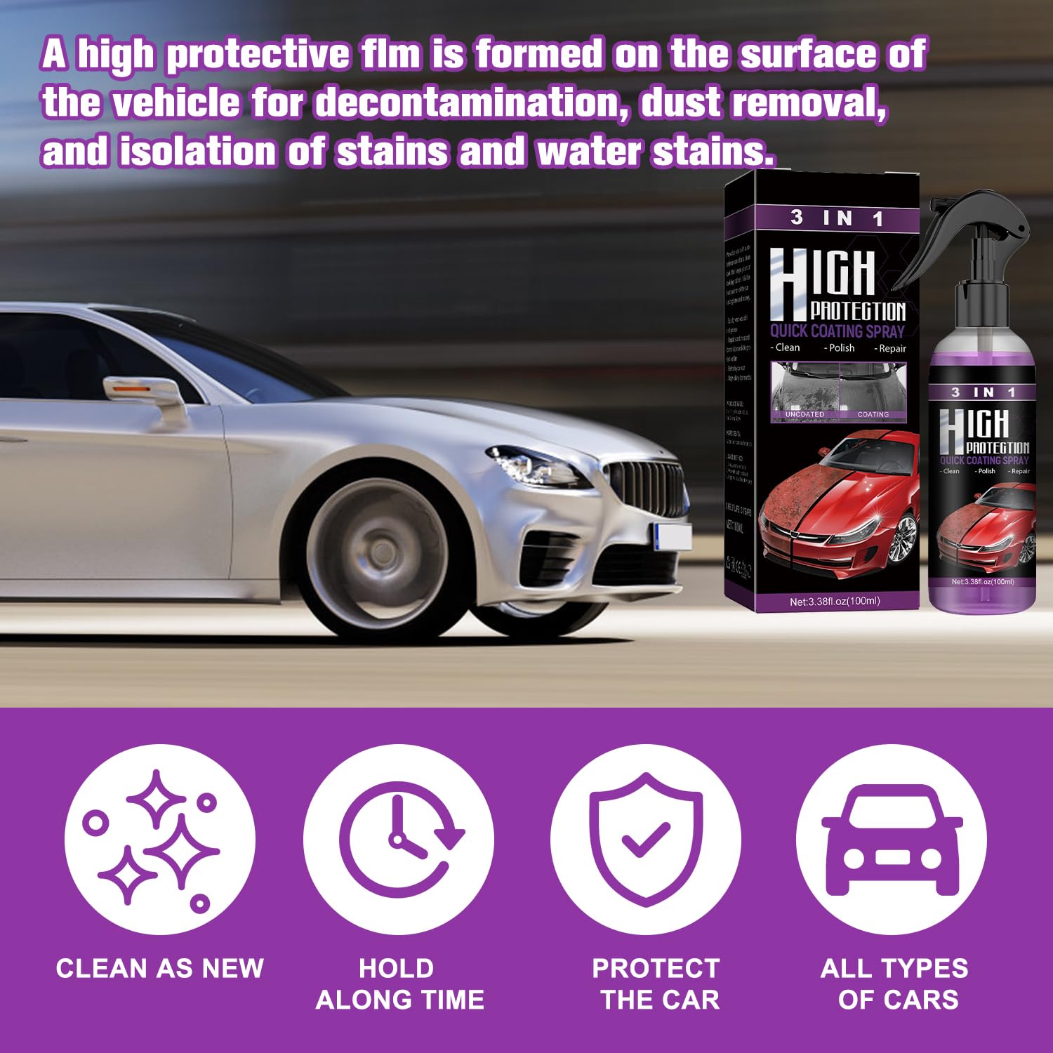 3 in 1 High Protection Quick Car Coating Spray, Ceramic Coating Spray 3 in 1, Car Scratch Nano Repair Spray, Car Coating Wax Polishing Spray, Fast Fine Scratch Repair(100 ML, 3PCS)