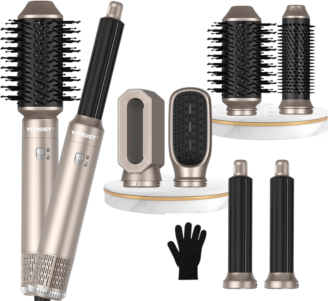 Hair Dryer Brush 6 in 1 Detachable Blow Dryer Brush Set 60000RPM Hair Styling Tool 1000W Professional Hot Air Styler Negative Ionic Hot Air Brush Auto Air Curler Straighten round Brush (Gold)