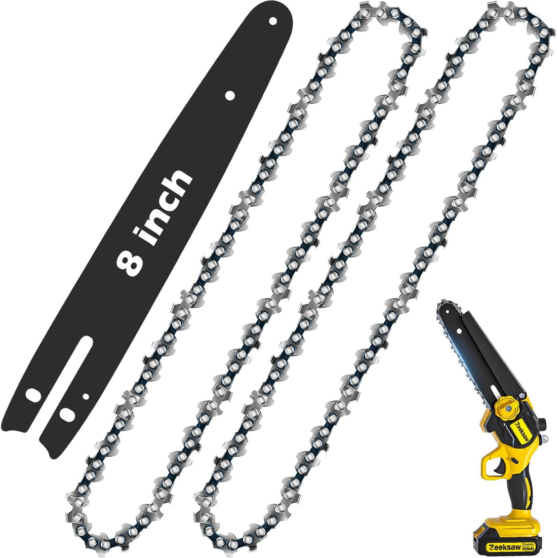 [3 Pieces] 2 Pcs 8 Inch Pole Saw/Chainsaw Chains 1/4" LP Pitch 043" Gauge 47 Drive Links and Chainsaw Guide Bar, 8 Inch Chainsaw Replacement Chain for  8 Inch Mini Chainsaw (2 Chain+1 Bar）