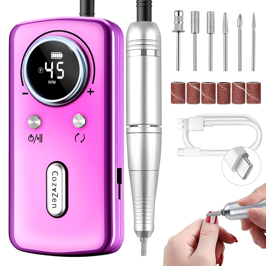 Cordless Nail Drill Professional: 45000 RPM Rechargeable Electric Nail File Kit, Portable & Low Noise for Acrylic, Gel Nails, Manicure & Pedicure - Salon & Home Use