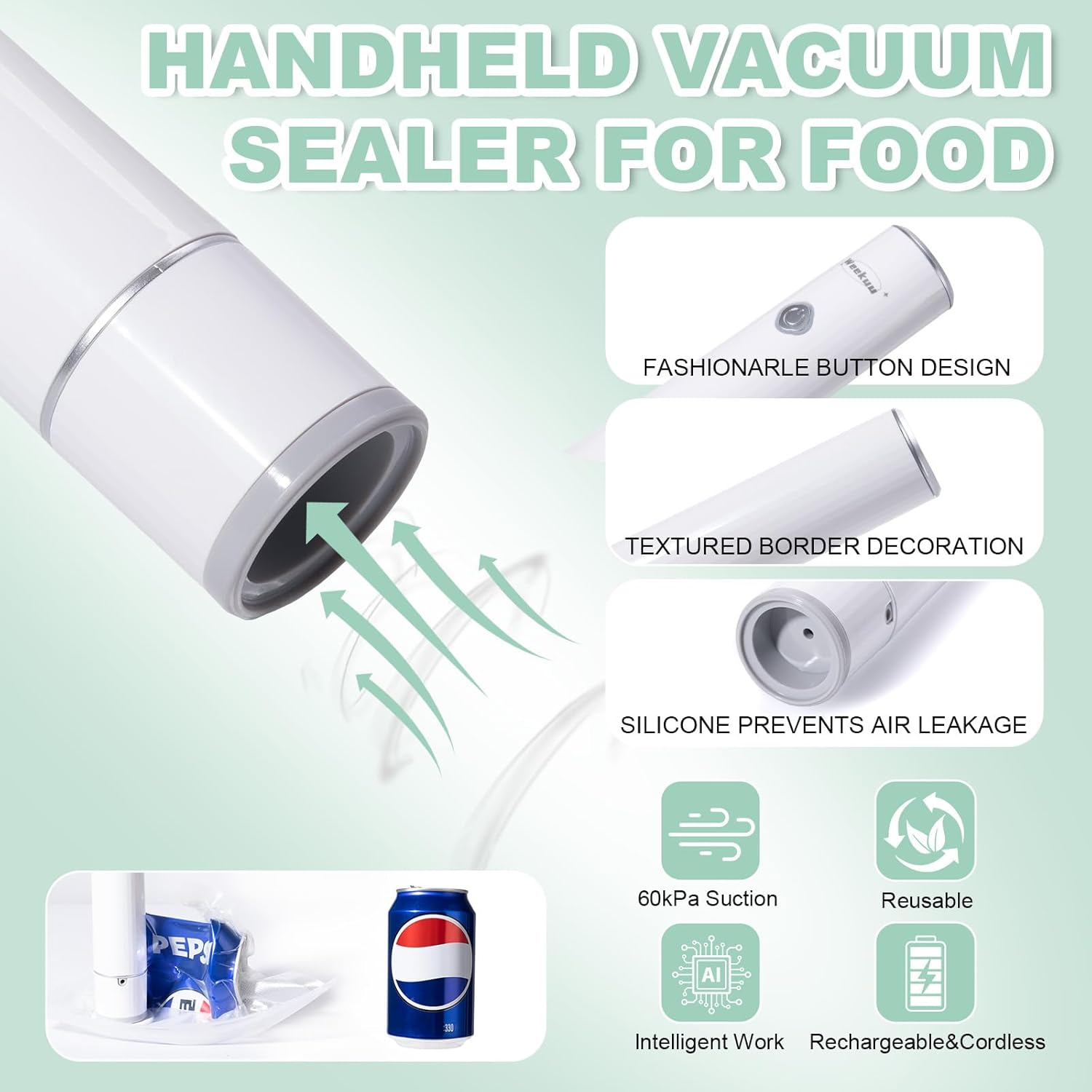 Handheld Vacuum Sealer for Food Storage – Portable & Rechargeable, Easy One-Hand Automatic Operation, 1 Vacuum Sealer + 10 Food Reusable Bags (30 Bags Optional)
