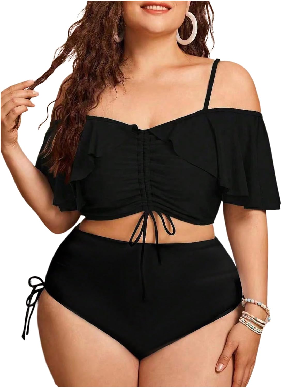 Women'S plus Size Two Piece Tankini Sets off Shoulder Ruffle Drawstring High Waisted Textured Swimsuits