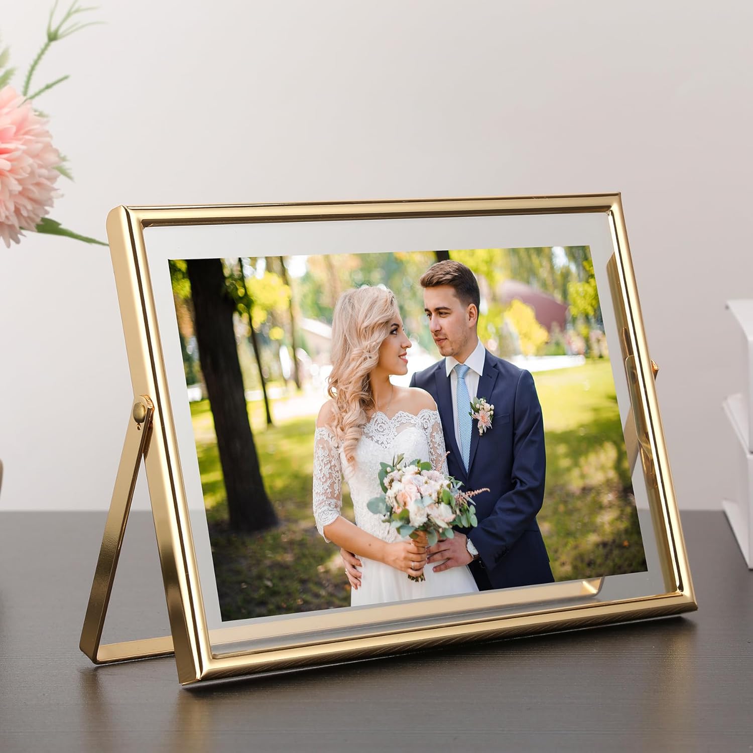 Gold 7X5" Floating Frame(Horizontal) 2Pack for Picture 3.5X5'', 4X6'', Classy Gold Frames Tabletop/Shelf Display, Elegant Gift Choice for Wedding, Thanksgiving, Christmas,Birthady, Home or Office Decor.
