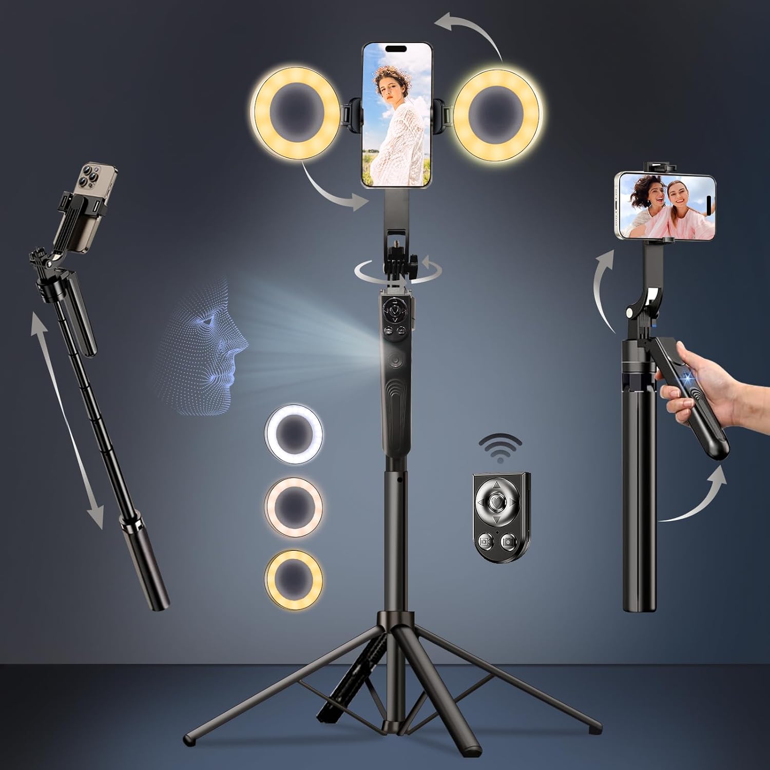Auto Face Tracking Selfie Stick Tripod for Iphone with Light,360 Rotation That Follows Your Movement,63" Phone Camera Tripod Stand with Remote for Content Creator Vlog Live Stream Video Recording