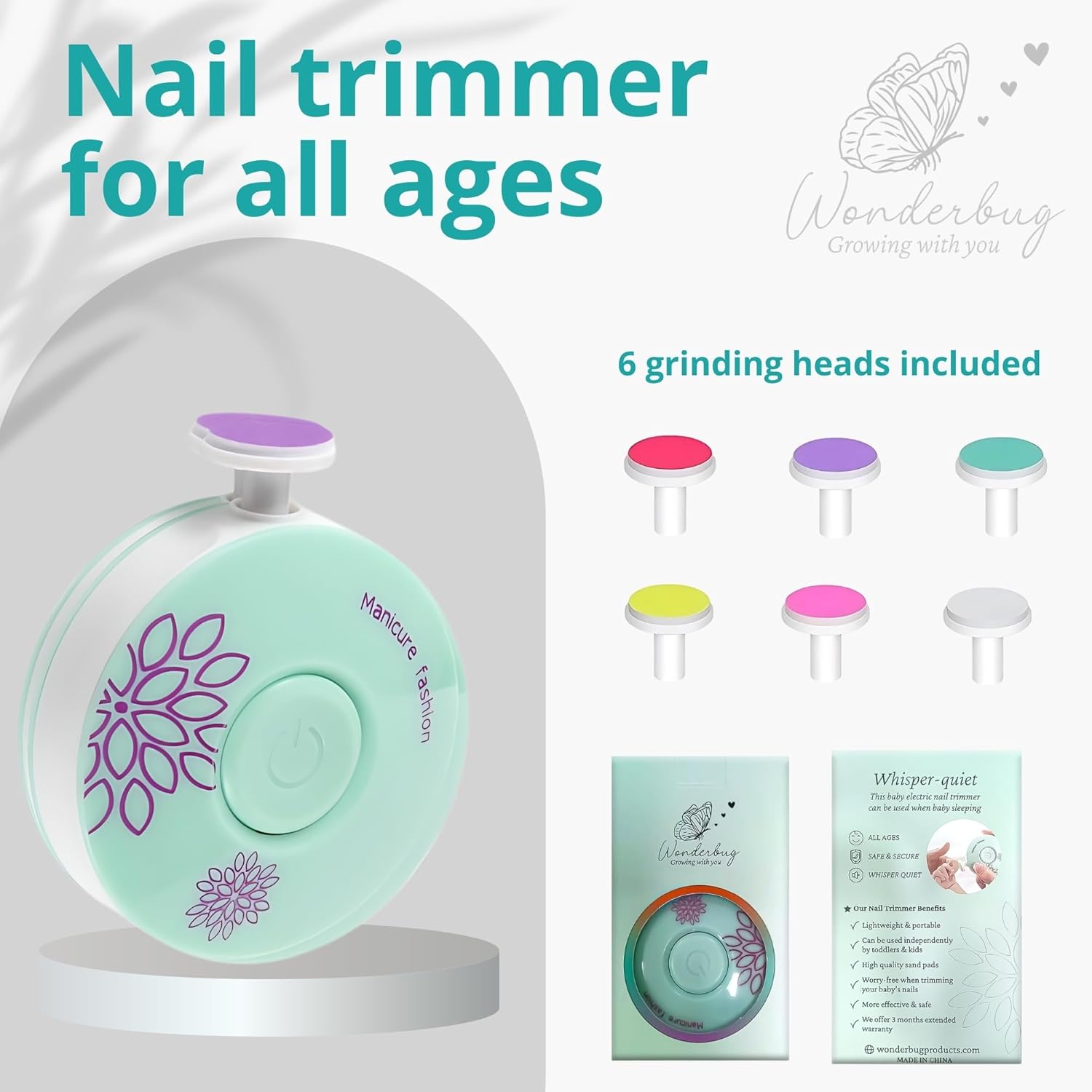 Electric Baby Nail Trimmer, File, Clipper, Manicure, Lightweight, Quiet, Newborn, Infant, Toddler, Adults, Fingernails and Toes, Polish, Safe, Easy to Use, All Ages, 6 Grinding Pads