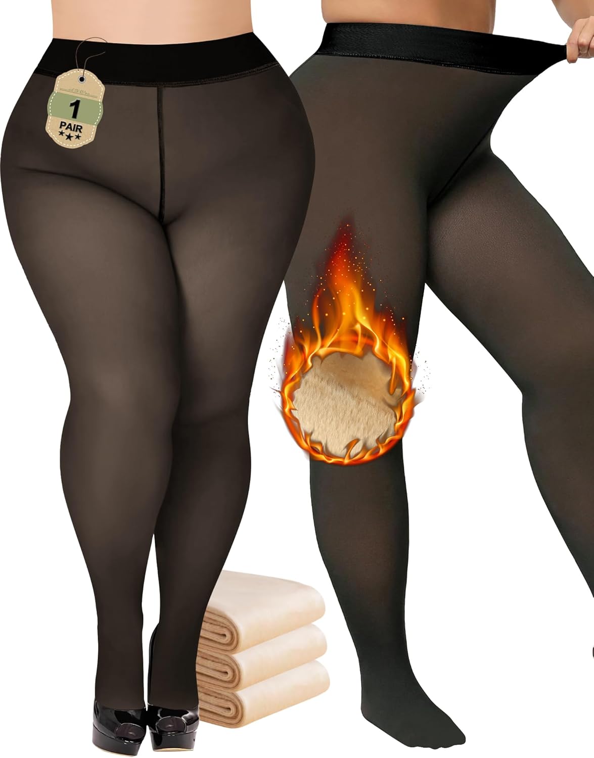 plus Size Fleece Lined Tights Womens- Winter Warm Fake Translucent Thermal Pantyhose,Thick Leggings under Dresses