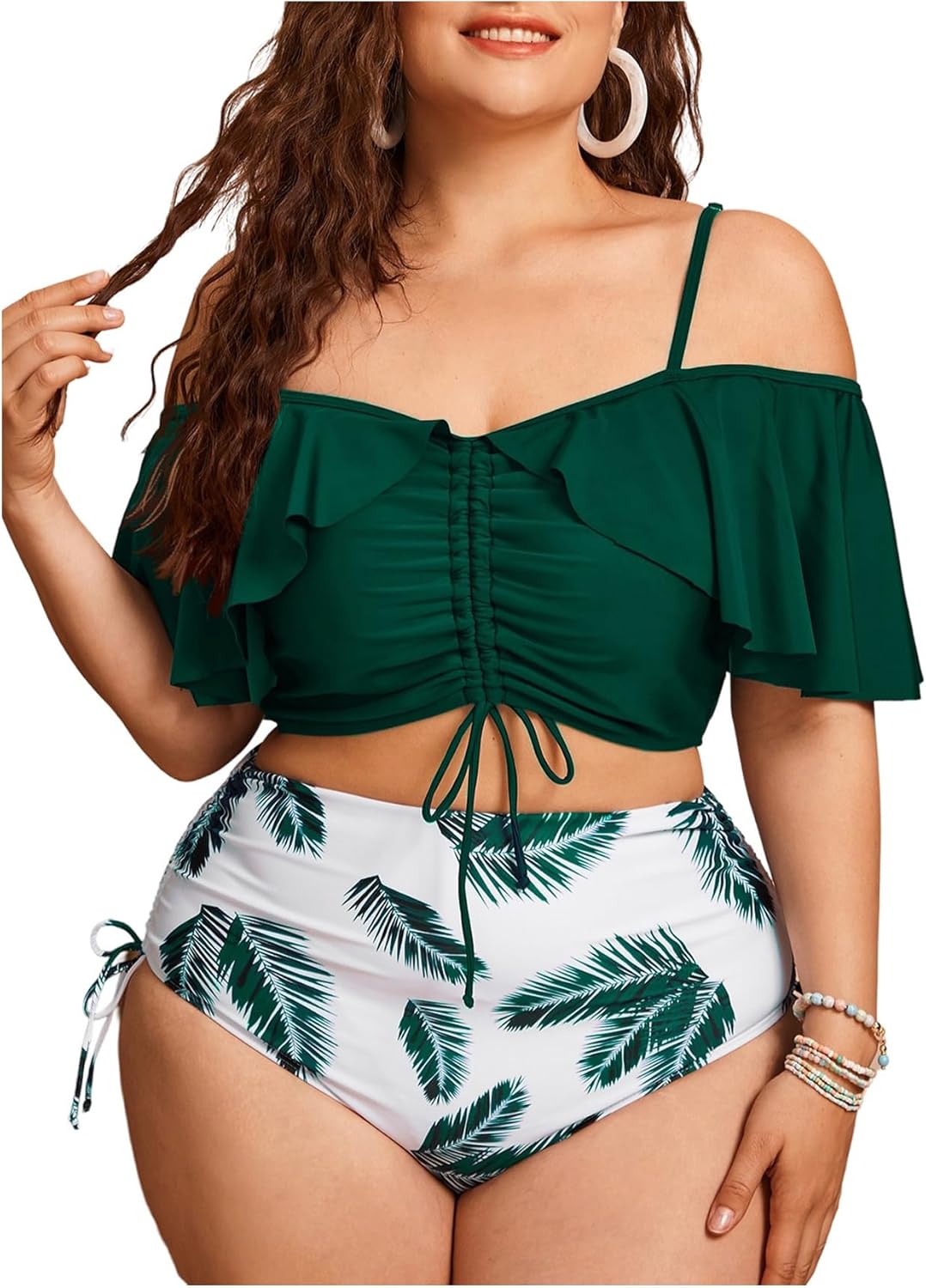 Women'S plus Size Two Piece Tankini Sets off Shoulder Ruffle Drawstring High Waisted Textured Swimsuits