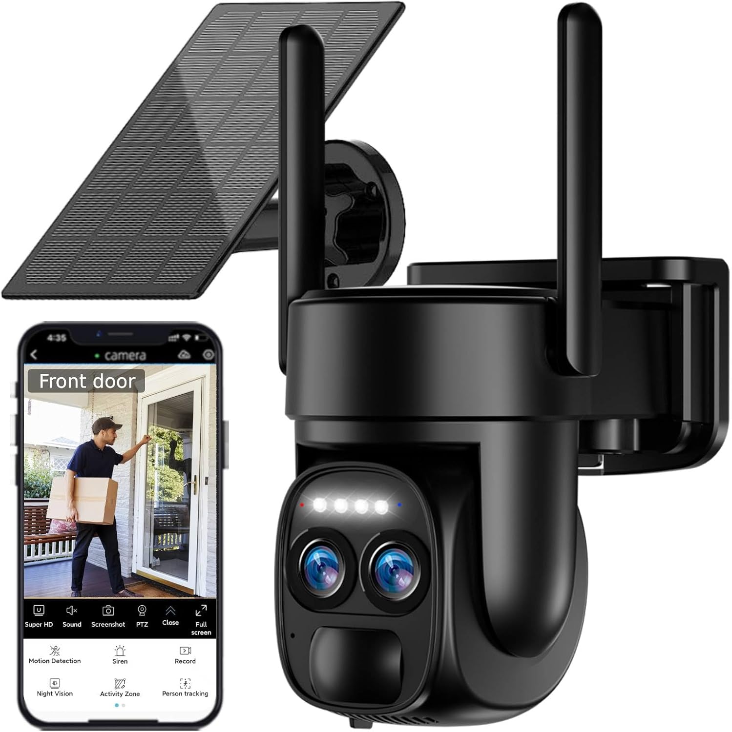 4K Solar Security Cameras Wireless Outdoor, 2.4G & 5G Wifi PTZ Camera Battery Powered, 360°View Home Security Systems with Color Night Vision, Spotlight Siren, PIR Sensor, IP66, 2 Pack