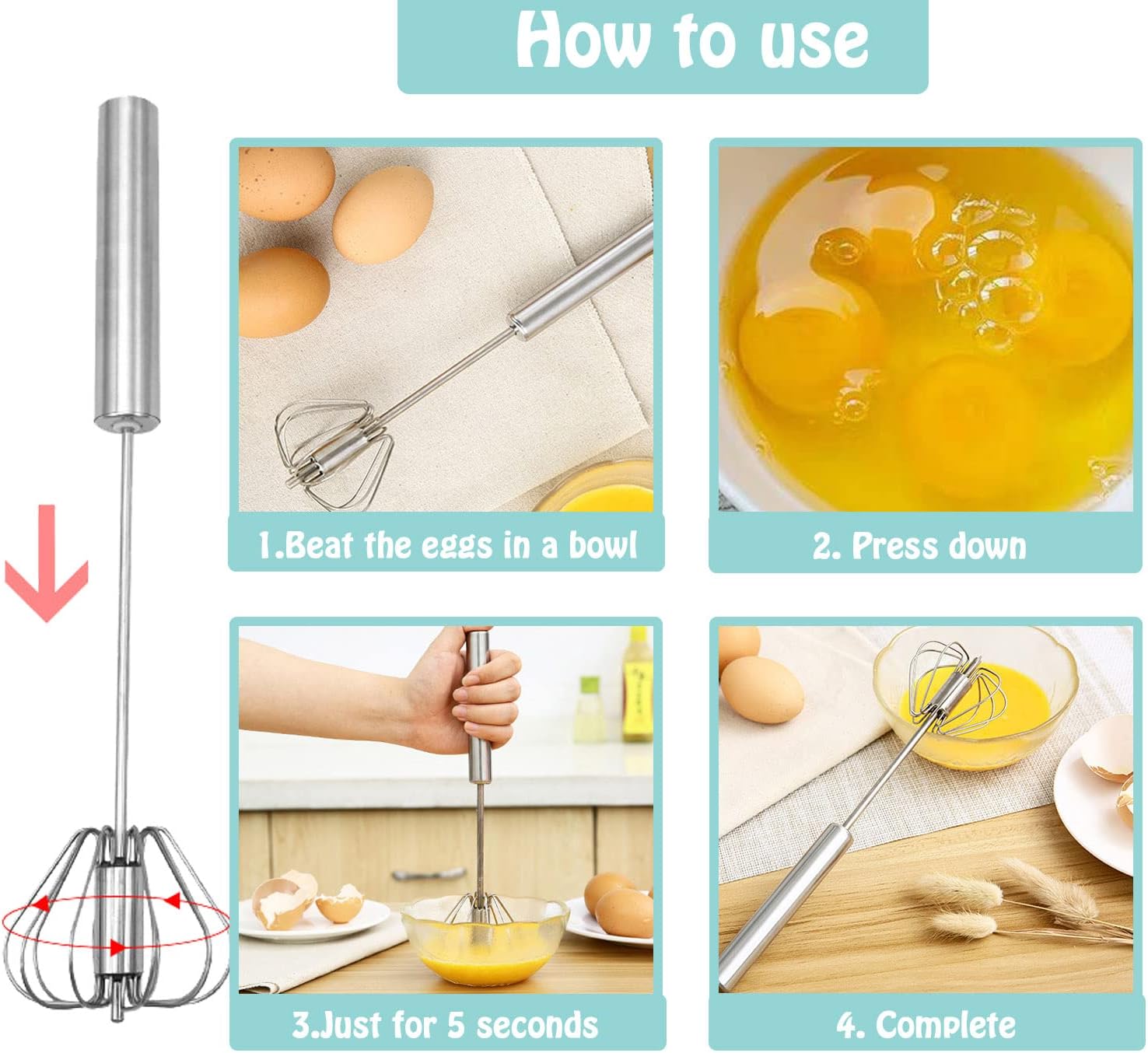 Semi-Automatic Whisk, Stainless Steel Egg Beater, Hand Push Rotary Whisks Mixer Stirrer for Making Cream, Whisking, Beating and Stirring (Silver)