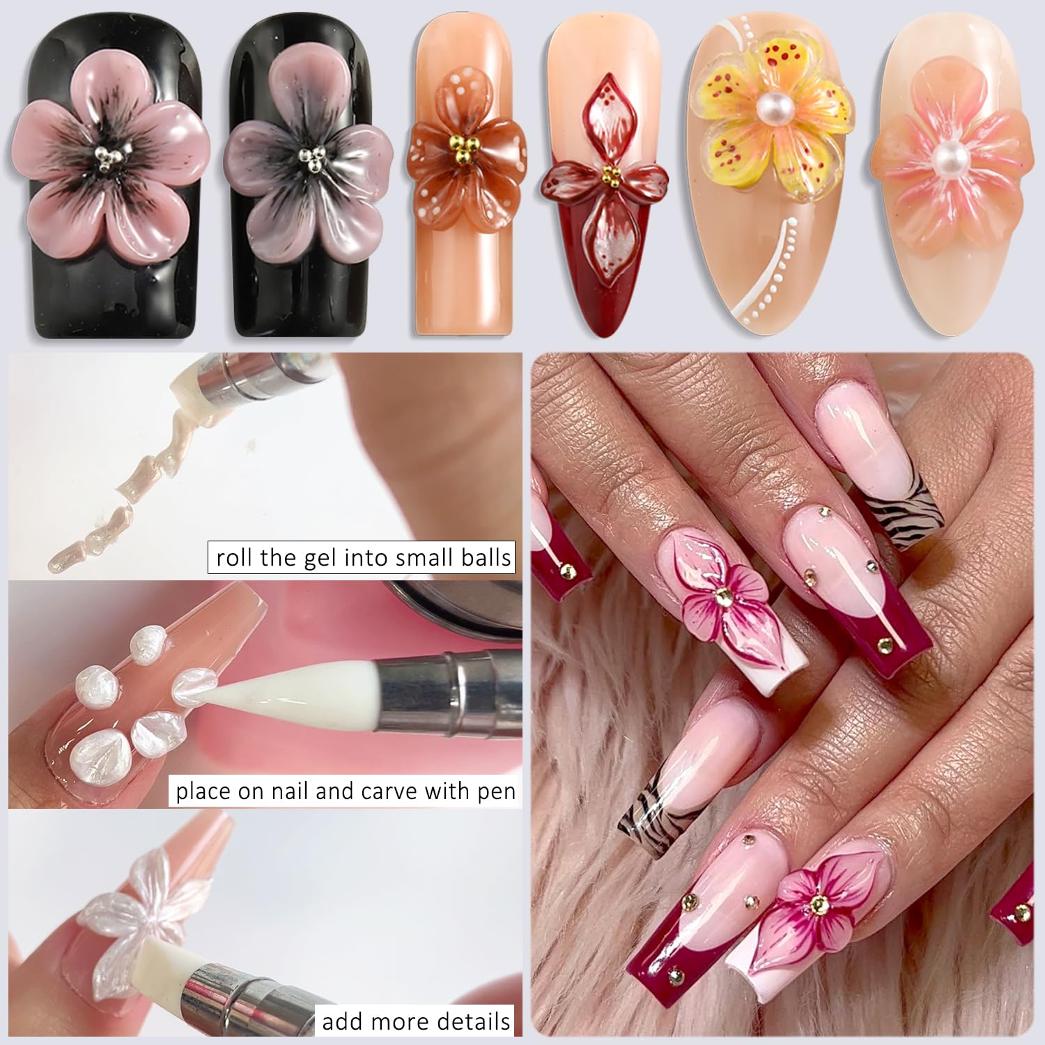 Solid Builder Gel for Nails, 4 Colors Solid Builder Gel Non-Sticky Clear Nude Pink Pearl White Hard Gel for Nails 3D Sculpture Gel Flower Carving Modeling Design Nail Extension Gel Kit