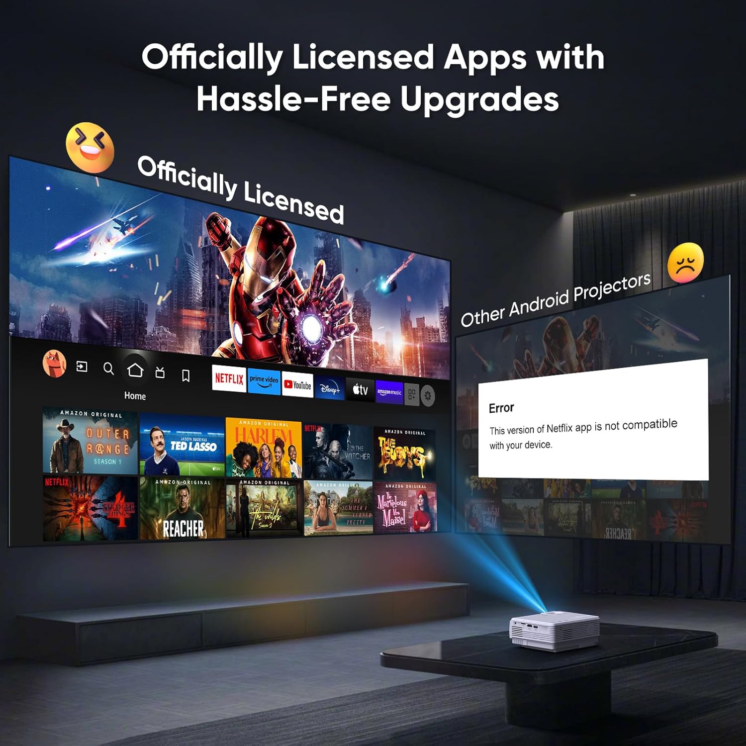 【Netflix Officially】 Smart Projector with Wifi and Bluetooth, Mini Movie Projector with Apps Built-In, 1080P Outdoor Projector for Phone/Pc/Hdmi/Usb, Two-Way Bluetooth, 50% Zoom