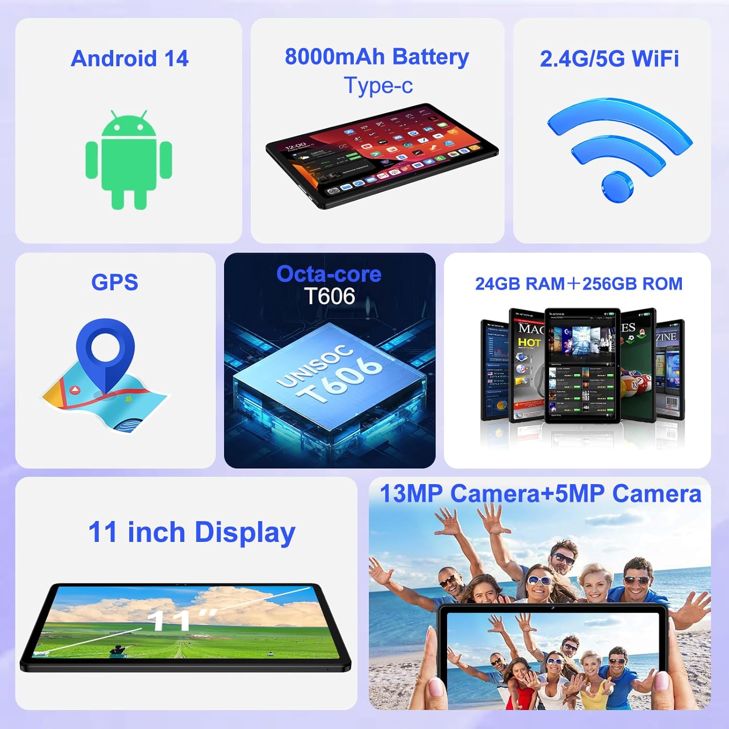 Tablet 11 Inch Android 14 Tablets, 24GB RAM 256GB ROM 1TB Expand, Octa-Core 8000Mah Battery Tablet PC with 13MP Camera, IPS HD Touchscreen, 5G Wifi, Widevine L1, Bluetooth 5.0, GPS - Black