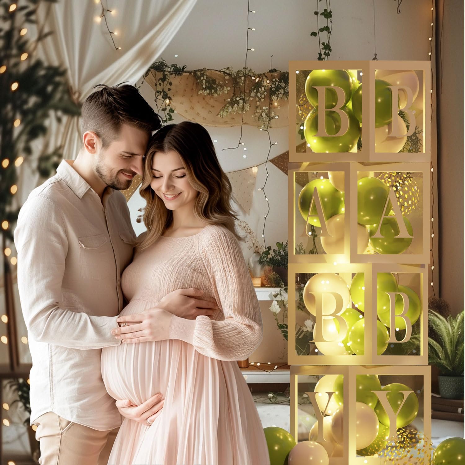 Baby Shower Balloon Boxes 4Pcs Clear Baby Blocks with Letters 4 Pack Led Fairy String Lights and 36Pcs Sage Green & Gold Balloons for Baby Shower Decorations，Birthday or Gender Reveal Parties