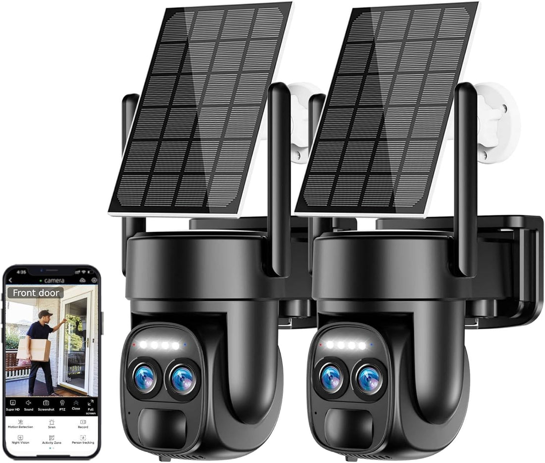 4K Solar Security Cameras Wireless Outdoor, 2.4G & 5G Wifi PTZ Camera Battery Powered, 360°View Home Security Systems with Color Night Vision, Spotlight Siren, PIR Sensor, IP66, 2 Pack