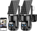 4K Solar Security Cameras Wireless Outdoor, 2.4G & 5G Wifi PTZ Camera Battery Powered, 360°View Home Security Systems with Color Night Vision, Spotlight Siren, PIR Sensor, IP66, 2 Pack