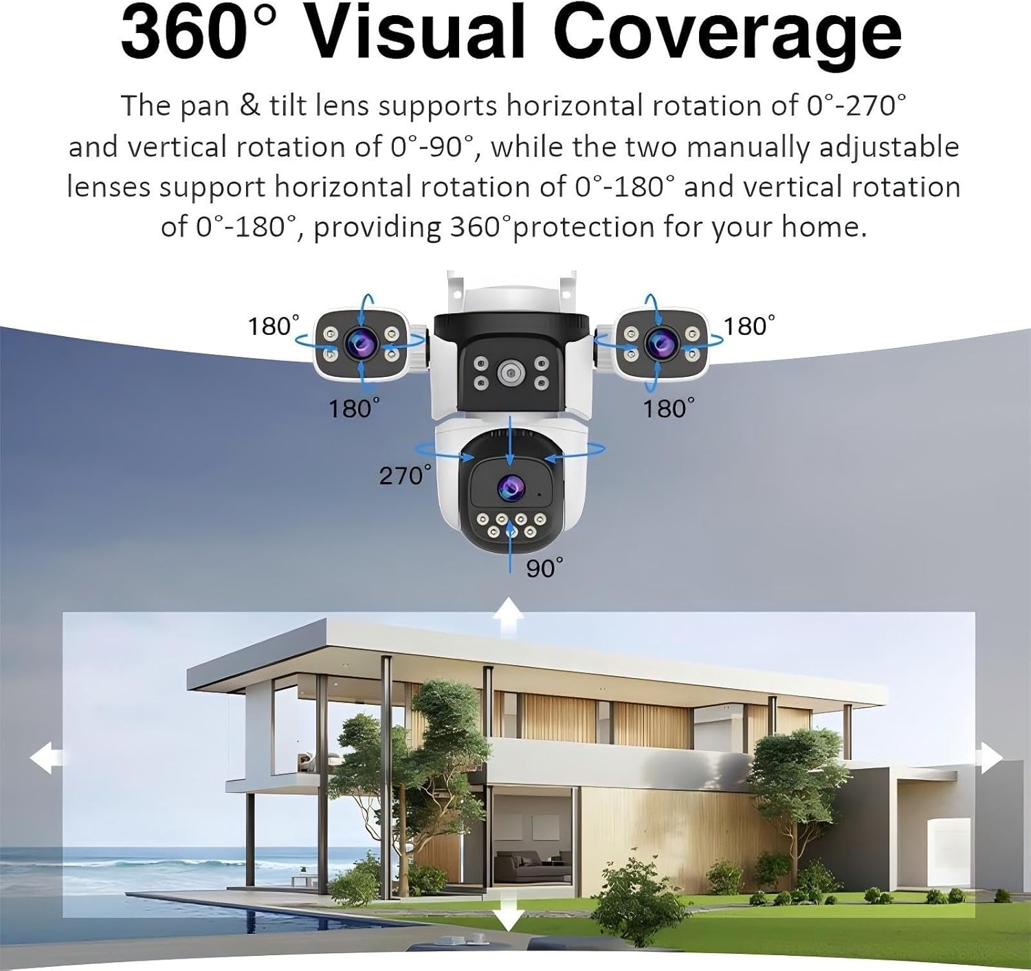 Triple Lens Wifi PTZ Security Camera, Three Cameras in One, Side Cameras with Adjustable All-Angle Arm, 2K 360° View No Blind Spot, Auto Tracking, Spotlight, 2 Way Audio