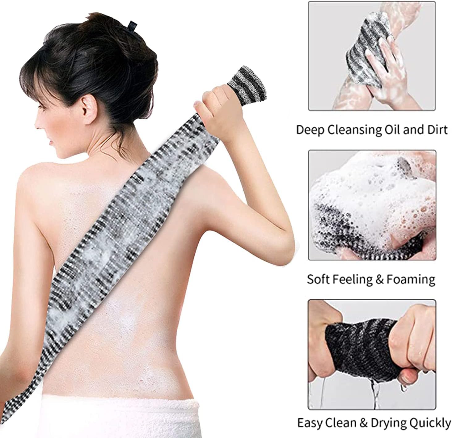 Exfoliating Body Scrubber, Back Scrubber for Shower Bath, Japanese Scrub Wash Cloth, Exfoliating Washcloth Towel for Men Women, Body Exfoliator Loofah Luffa Sponge Net Rag Back Washer (Black)