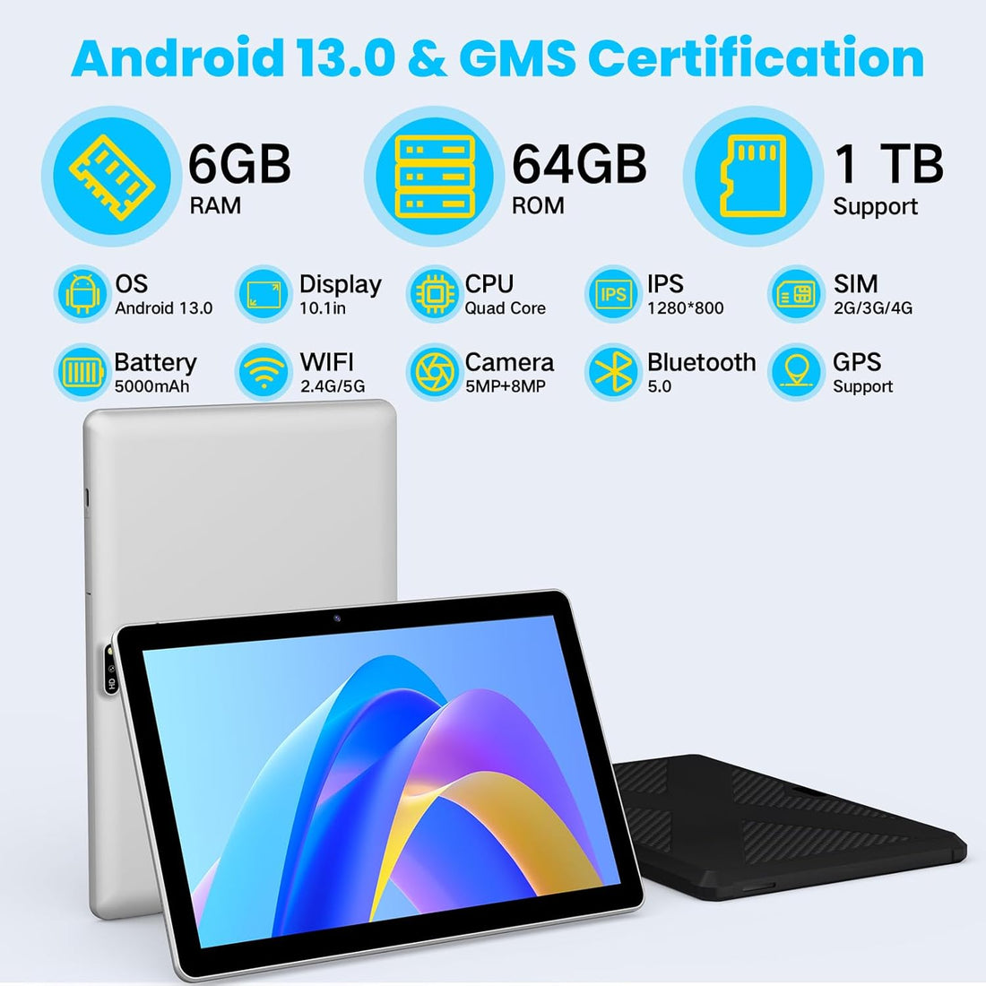 Android 13 Tablet with SIM Card Slot,10.1 Inch Cellular Tablets with Case, 4G LTE Tablet & Phone (Makes Calls), 64GB ROM (1TB Expand), 5MP+8MP Camera BT5.0 GPS 5G Wifi, Parental Control