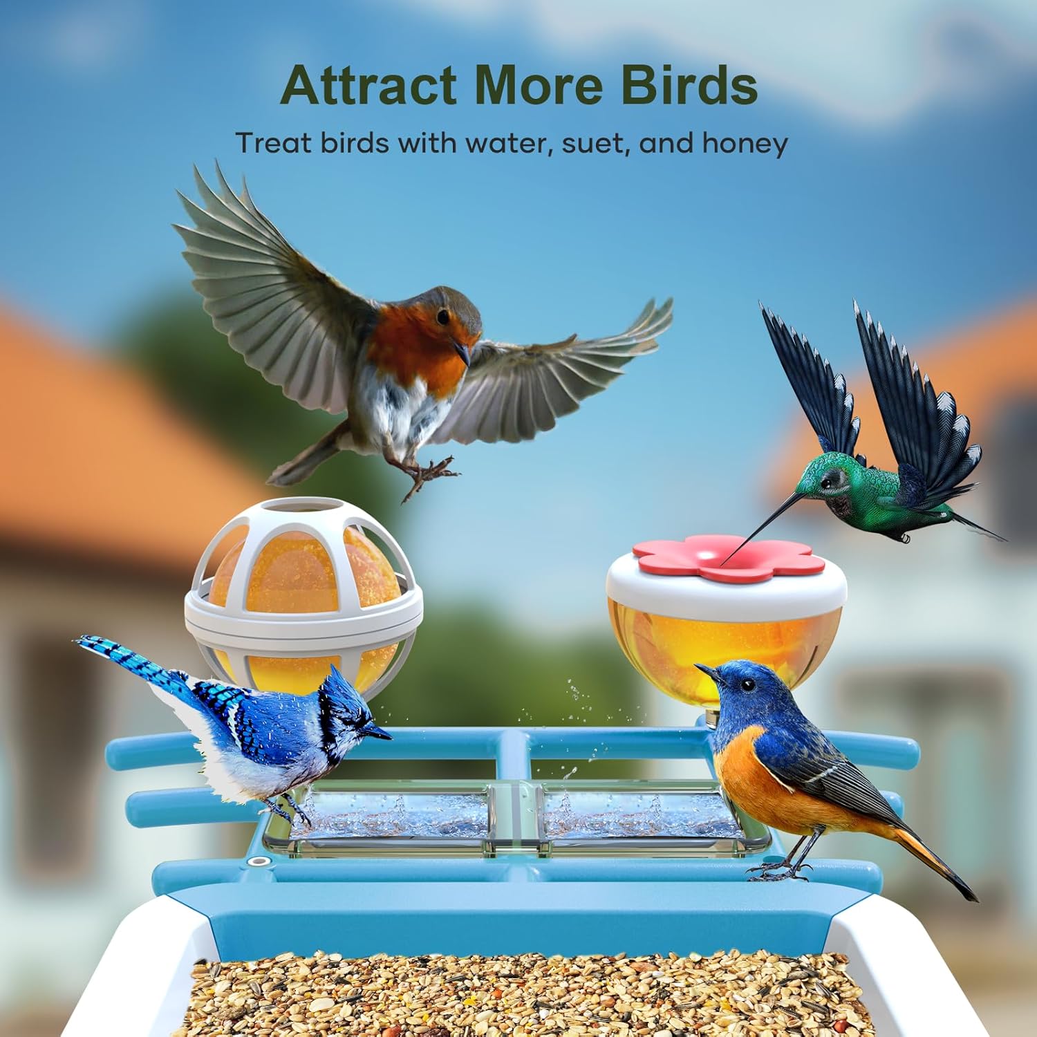 Smart Bird Feeder with Camera: Solar Powered Birdhouse with AI Recognition, Wireless Bird House with Camera for Outdoor, Unique Birthday Gifts for Mom Dad - Blue