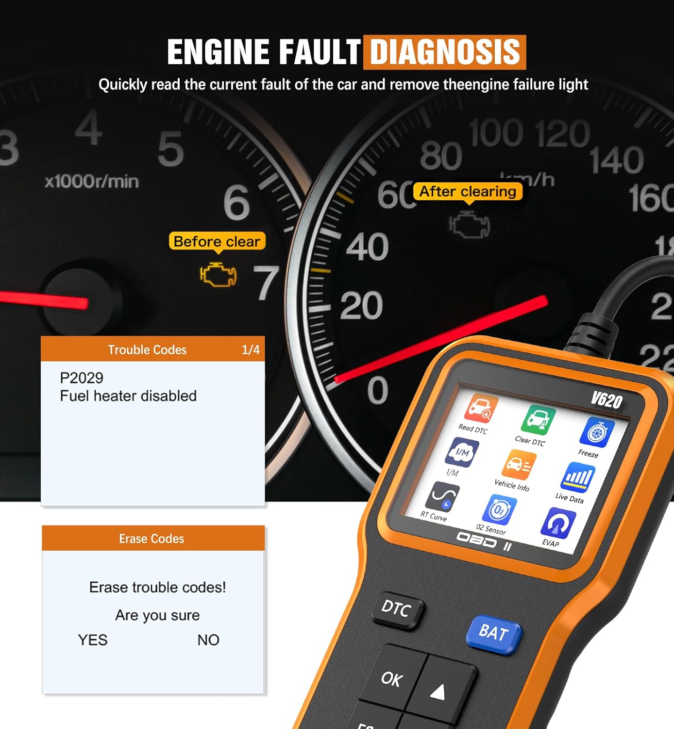 OBD2 Scanner with Upgrade Battery Tester - Diagnostic Tool for Cars That Check Engine Light & Emissions Readiness Read and Clears Vehicle Error Codes for All OBD II Protocol Vehicles since 1996