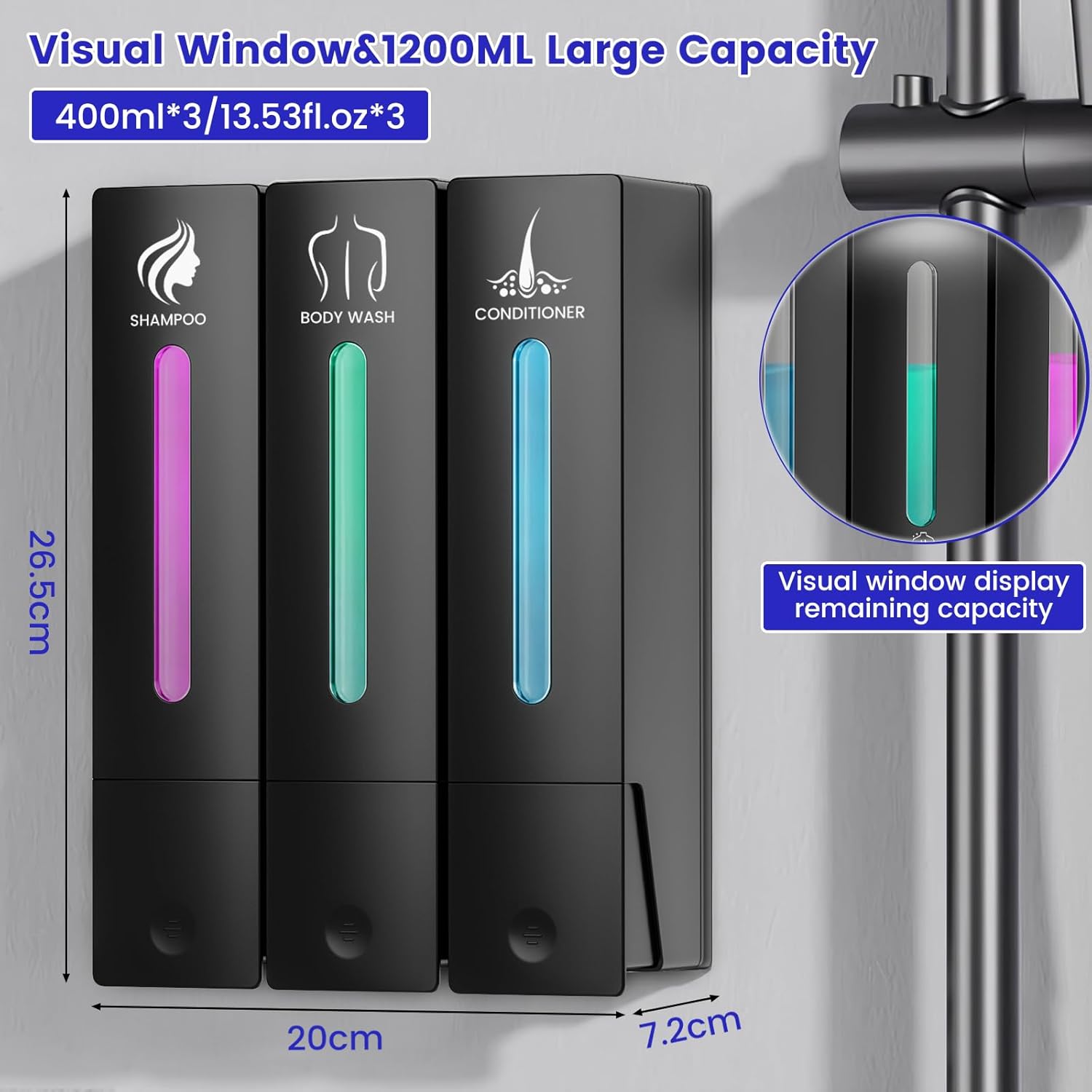 3 in 1 Shampoo and Conditioner Dispenser, 1200ML Capacity Shower Soap Dispenser Bathroom Set, 3 Chamber Shower Dispenser No Drill, Fashionable Wall Mounted Soap Dispenser for Bathroom & Hotel