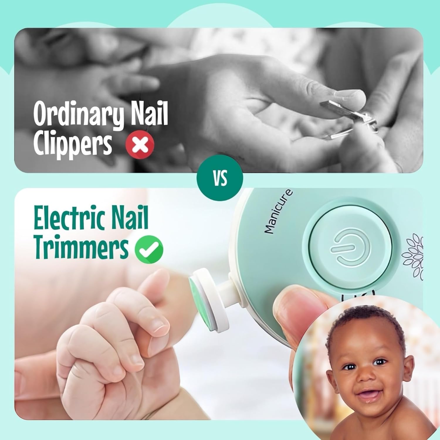 Electric Baby Nail Trimmer, File, Clipper, Manicure, Lightweight, Quiet, Newborn, Infant, Toddler, Adults, Fingernails and Toes, Polish, Safe, Easy to Use, All Ages, 6 Grinding Pads