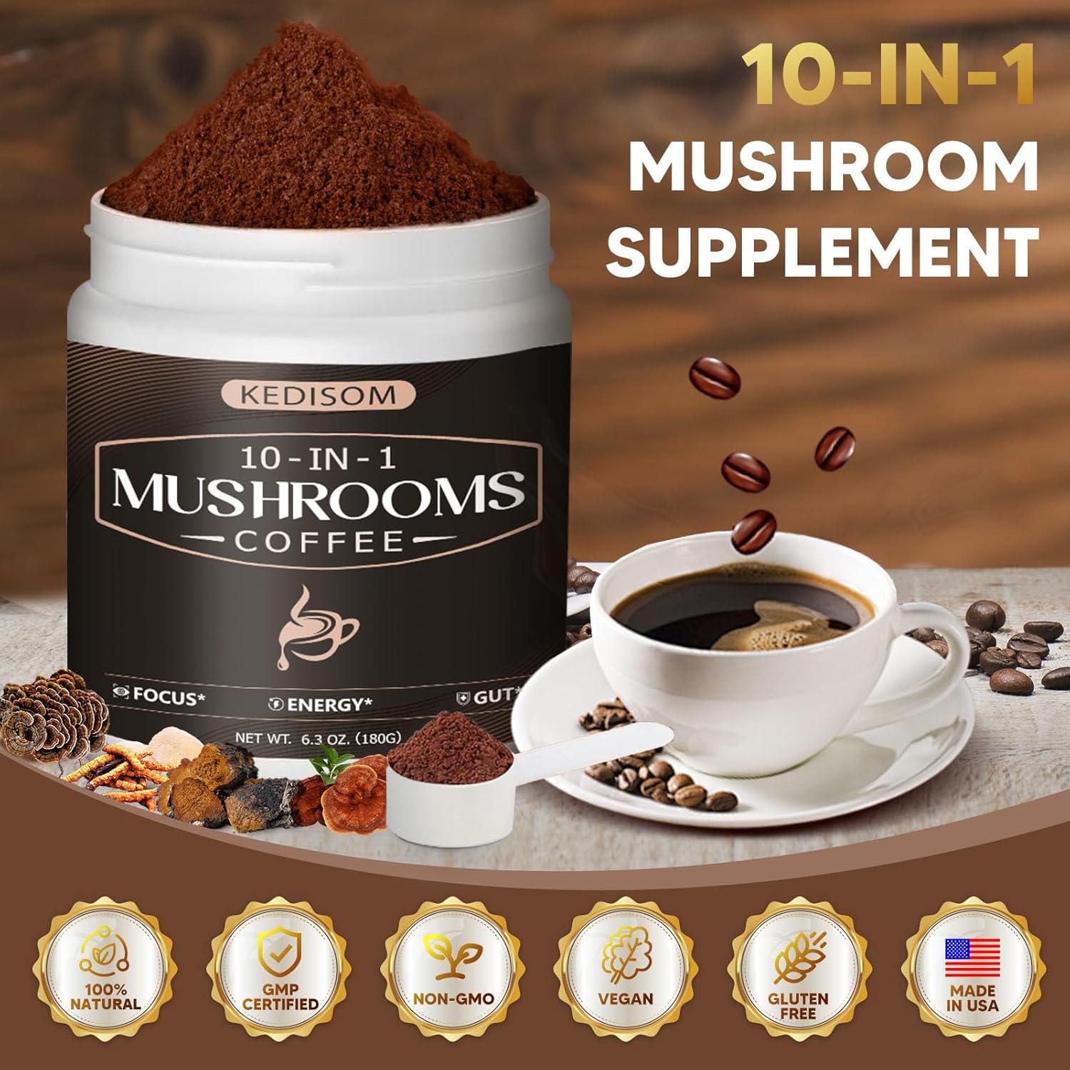 10 in 1 Mushrooms Coffee, Instant Mushroom Coffee Powder with Lion'S Mane, Cordyceps, Reishi, Shiitake, Turkey Tail, King Trumpet, for Focus, Energy, Immunity, 180G, 60 Servings