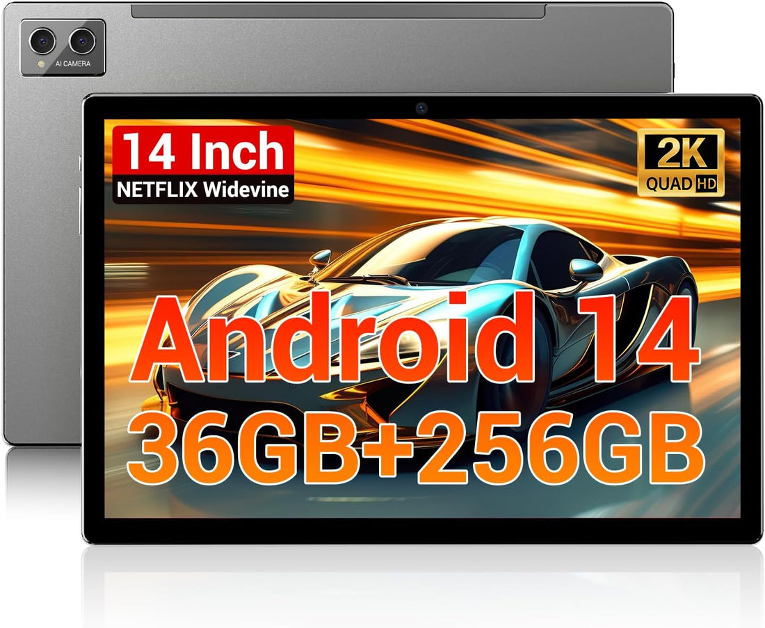 Tablets 2025 14 Inch Android 14 Tablet, 36GB RAM, 256GB Storage(Expand to 1TB), 2K Display, 8 Core CPU, 11580Mah Battery,4 Speakers, 5G Wifi Tablet with Pen Case-Gray