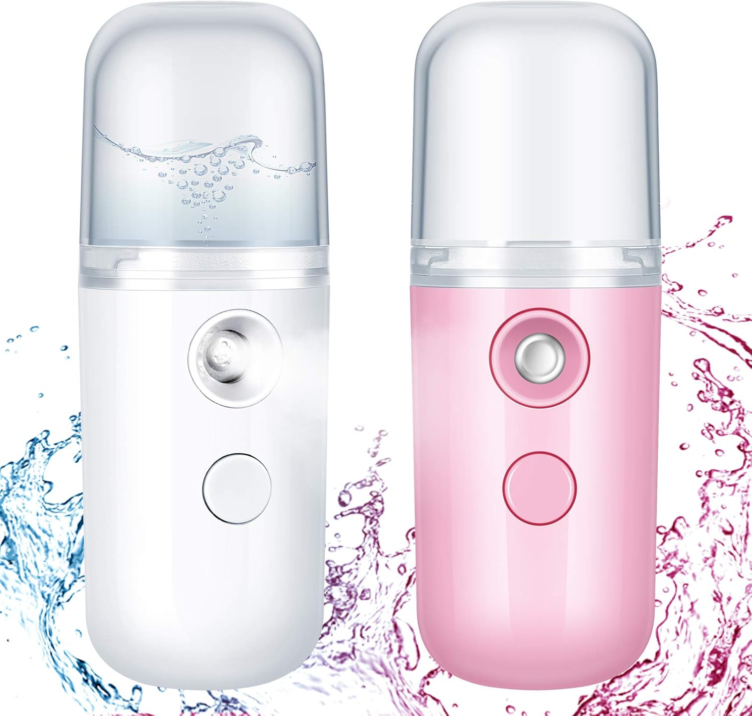 2 Pieces Nano Facial Mister 30 Ml Mini Face Humidifier Portable Facial Sprayer USB Rechargeable Handy Skin Care Machine for Face Hydrating, Daily Makeup (Dark Pink and White)
