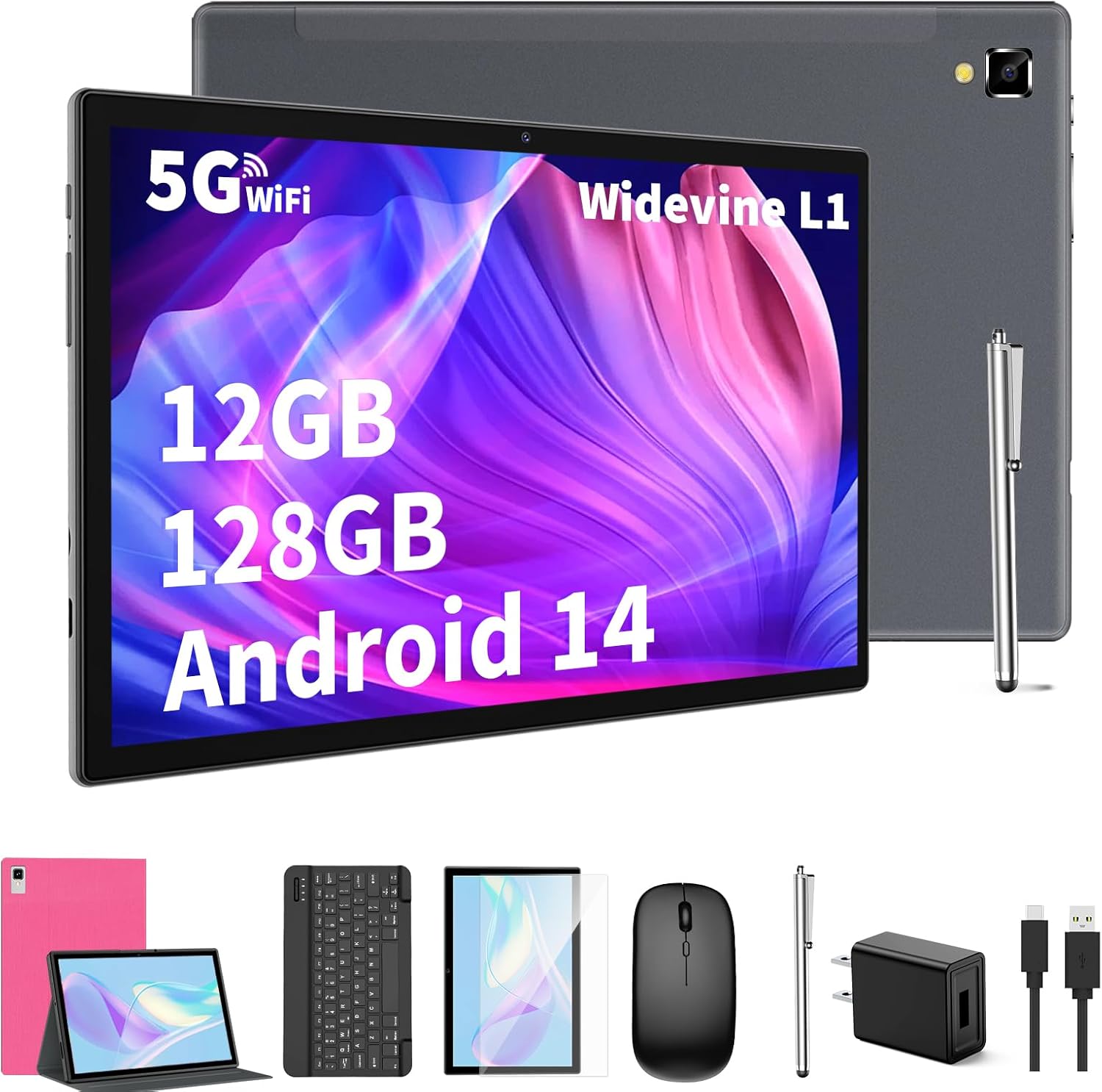 Android Tablet with Keyboard,10 Inch Android 14 Tablets, 12GB RAM 128GB ROM, 1TB Expand, 8000Mah, 2.4G/5G Wifi, Bluetooth, GMS Certified, with Case, Mouse, Stylus Tablet PC (Black)