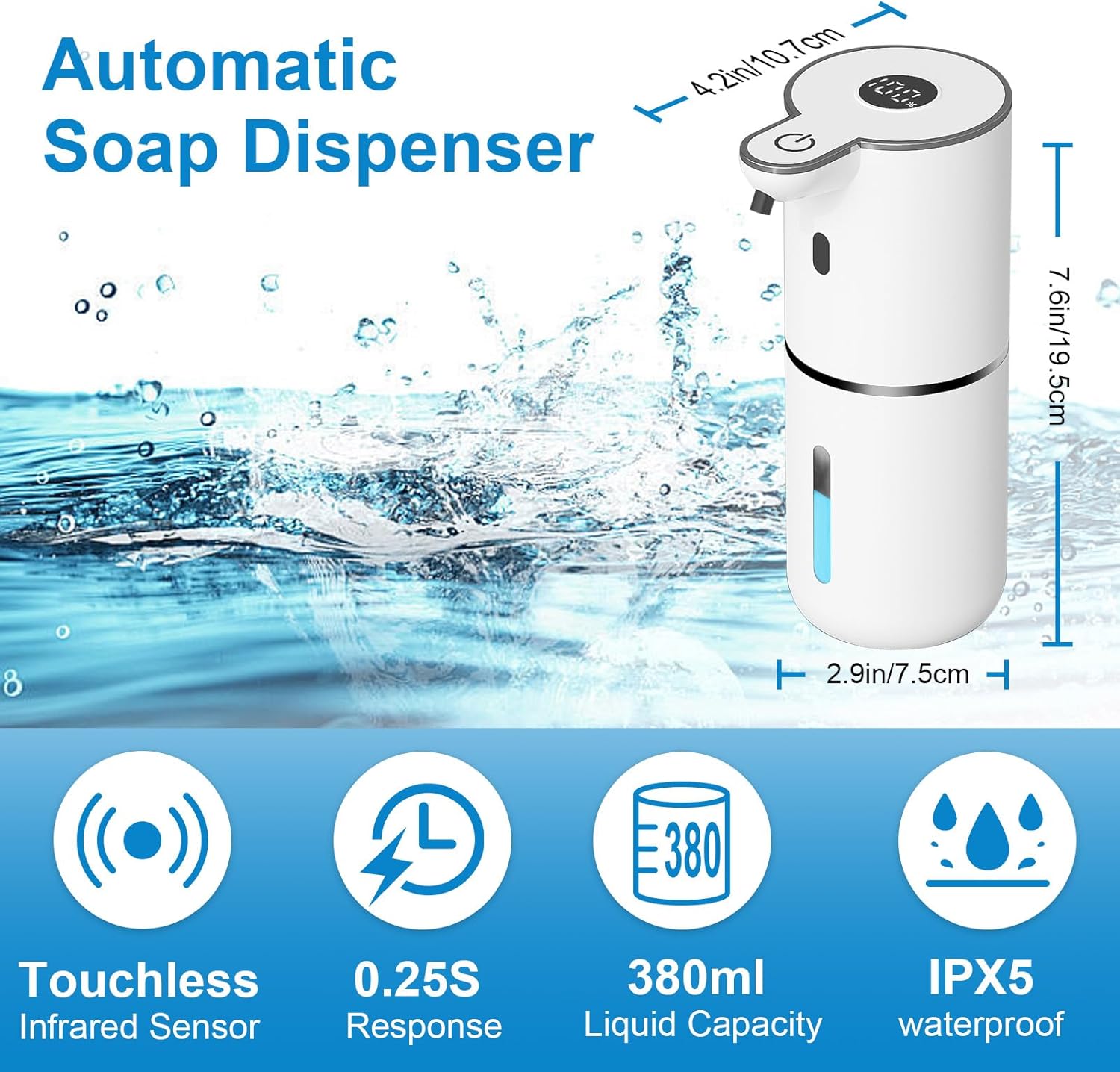 Automatic Foaming Soap Dispenser Touchless, USB Rechargeable Smart Hand Soap Dispenser, 6-Level Adjustable, 12.8Oz/380Ml Wall Mount for Bathroom Kitchen Dish Soap
