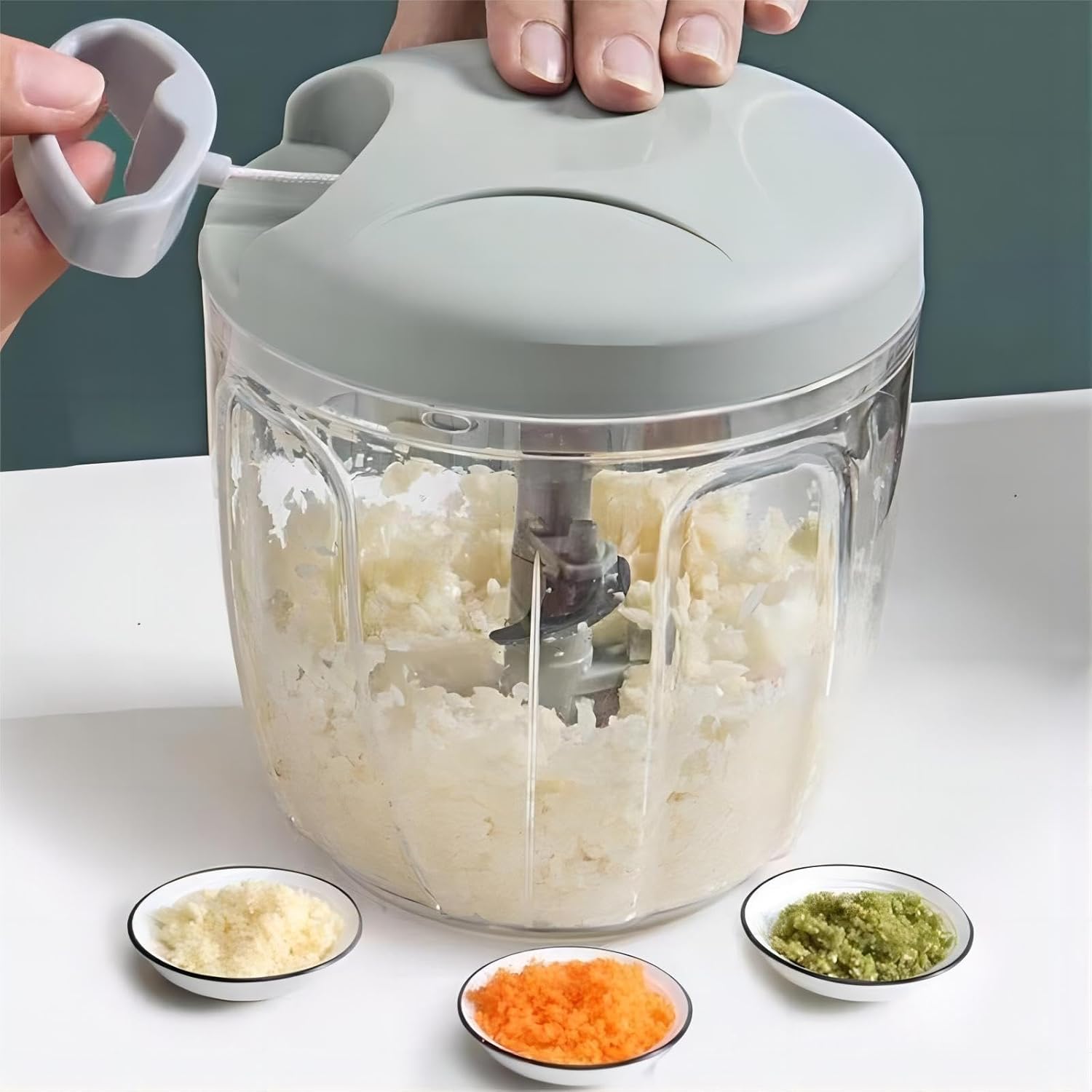 900Ml Extra Large Manual Food Chopper Vegetable Chopper Garlic Chopper, Pull String Manual Food Processor with 5 Sharp Blades Mincer for Cutting Onions Chili Ginger Seasoning