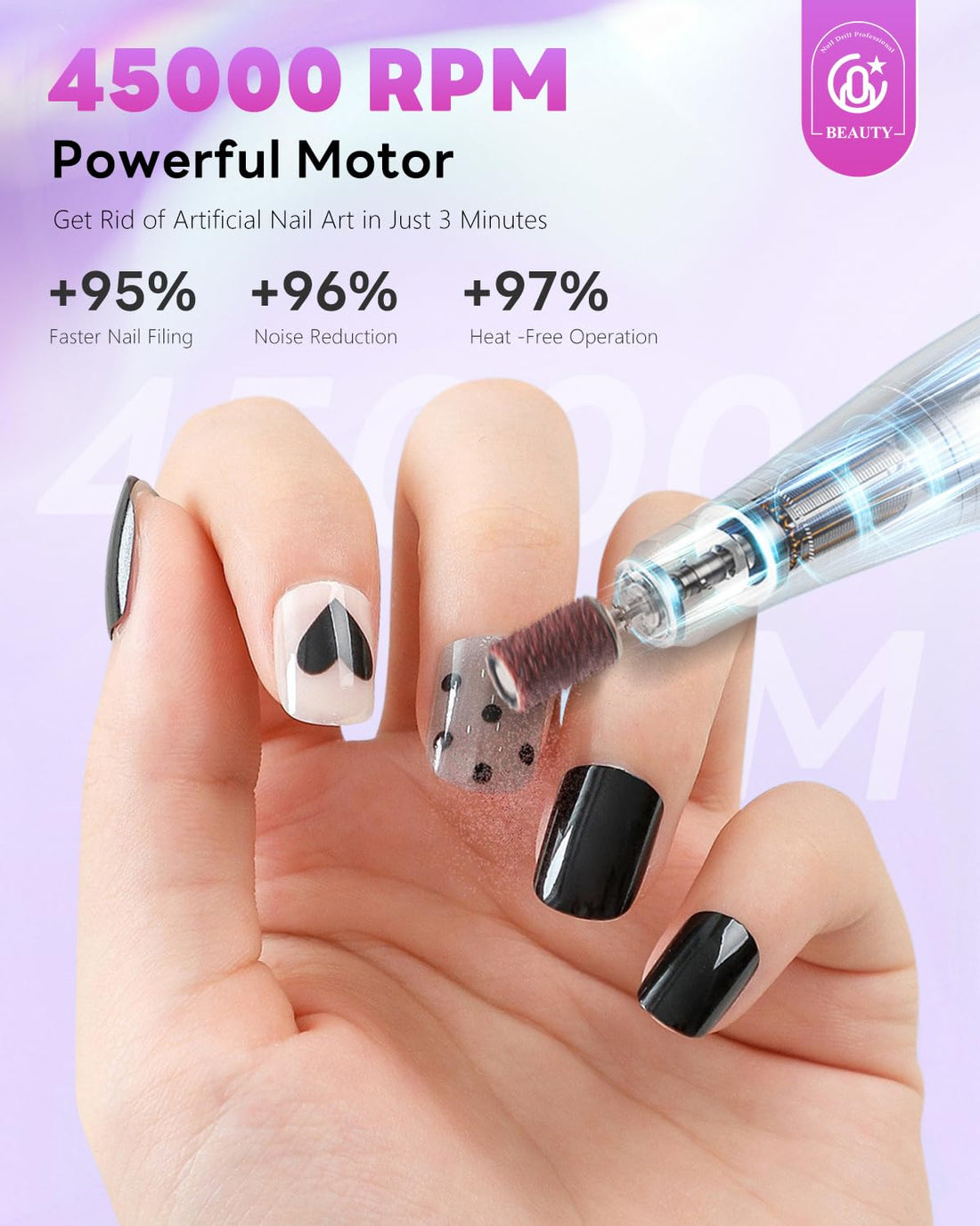 Cordless Nail Drill Professional: 45000 RPM Rechargeable Electric Nail File Kit, Portable & Low Noise for Acrylic, Gel Nails, Manicure & Pedicure - Salon & Home Use