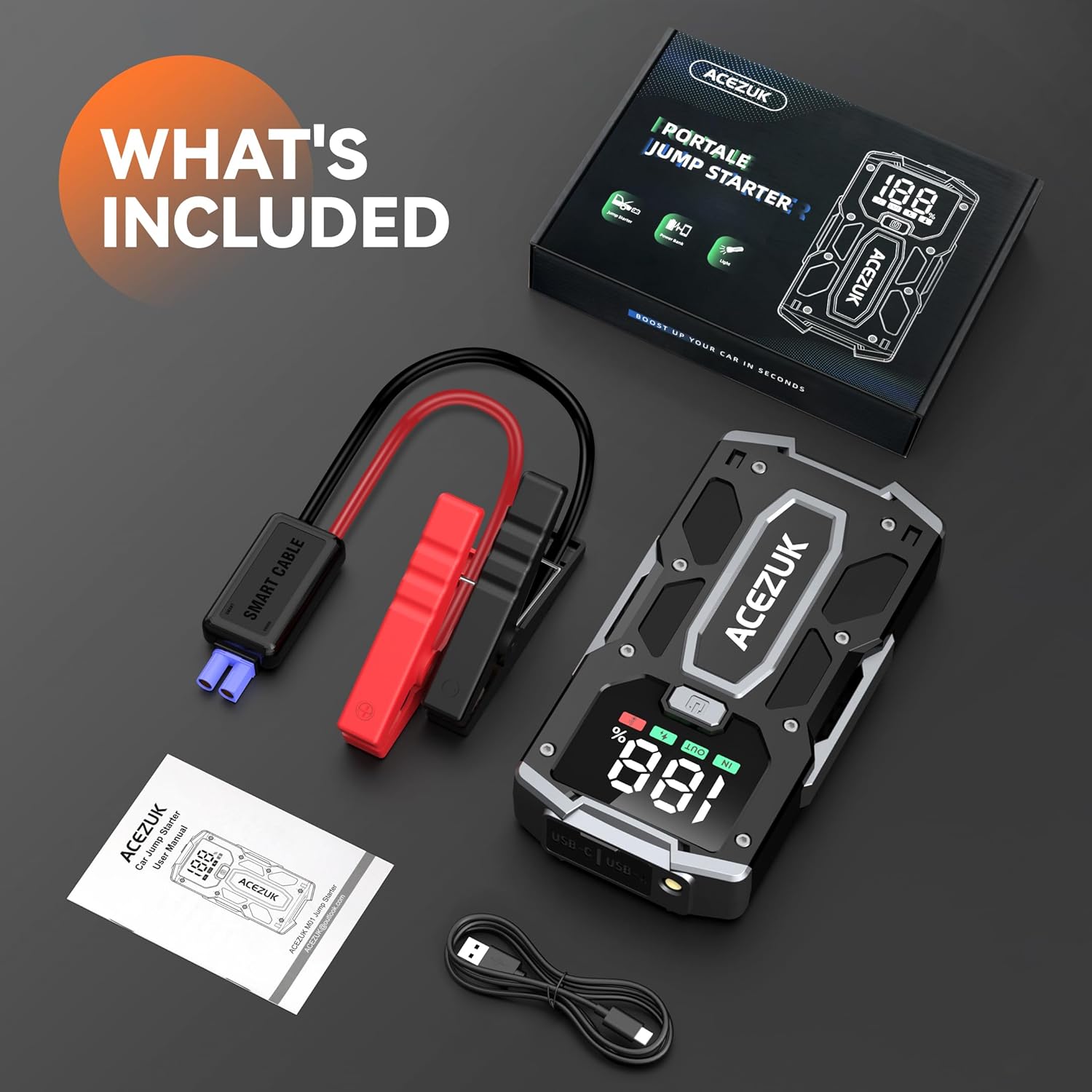 Car Jump Starter,12V 8-In-1 Jump Starter Battery Pack 3000A, up to 7.0L Gas & 5.5L Diesel Engines Quick Charge 3.0 Power Bank Jumper Cable with Led,Large Screen
