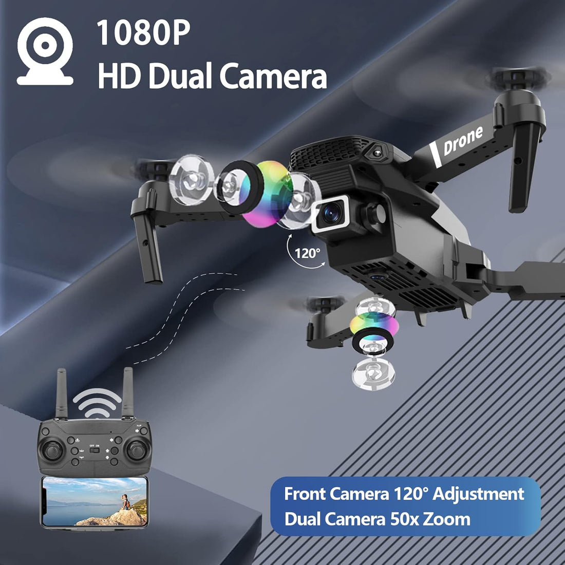 Drone with Dual Camera for Adults Kids, Foldable RC Quadcopter for Beginners, Toys Drone, 1080P FPV Video, 3 Batteries, Carrying Case, One Key Start, Headless Mode, Waypoints Fly, 360° Flips