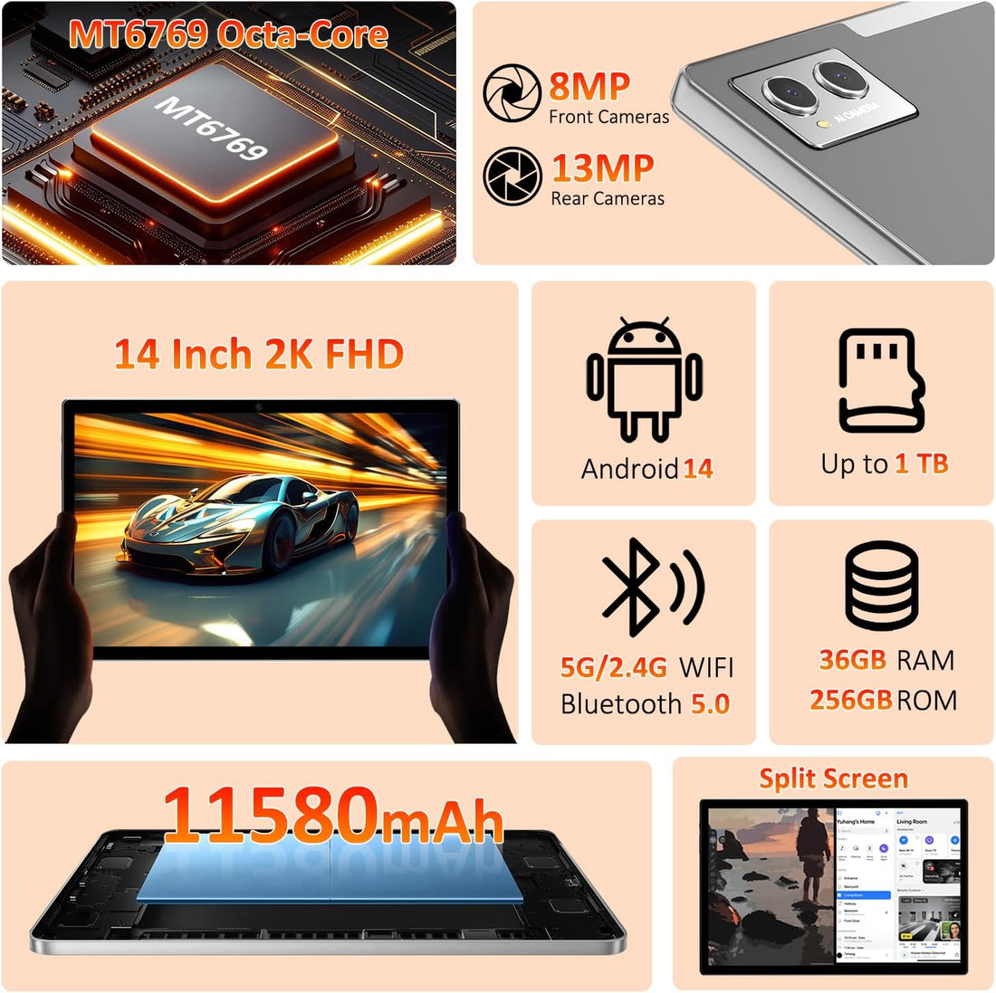 Tablets 2025 14 Inch Android 14 Tablet, 36GB RAM, 256GB Storage(Expand to 1TB), 2K Display, 8 Core CPU, 11580Mah Battery,4 Speakers, 5G Wifi Tablet with Pen Case-Gray