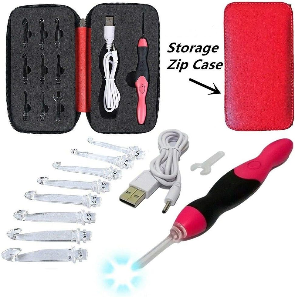 Lighted Crochet Hook Set, 9 in 1 Rechargeable Ergonomic Crochet Hook Set with Zip Case Light up Knitting Needles Kit Weave Sewing Tool Accessories