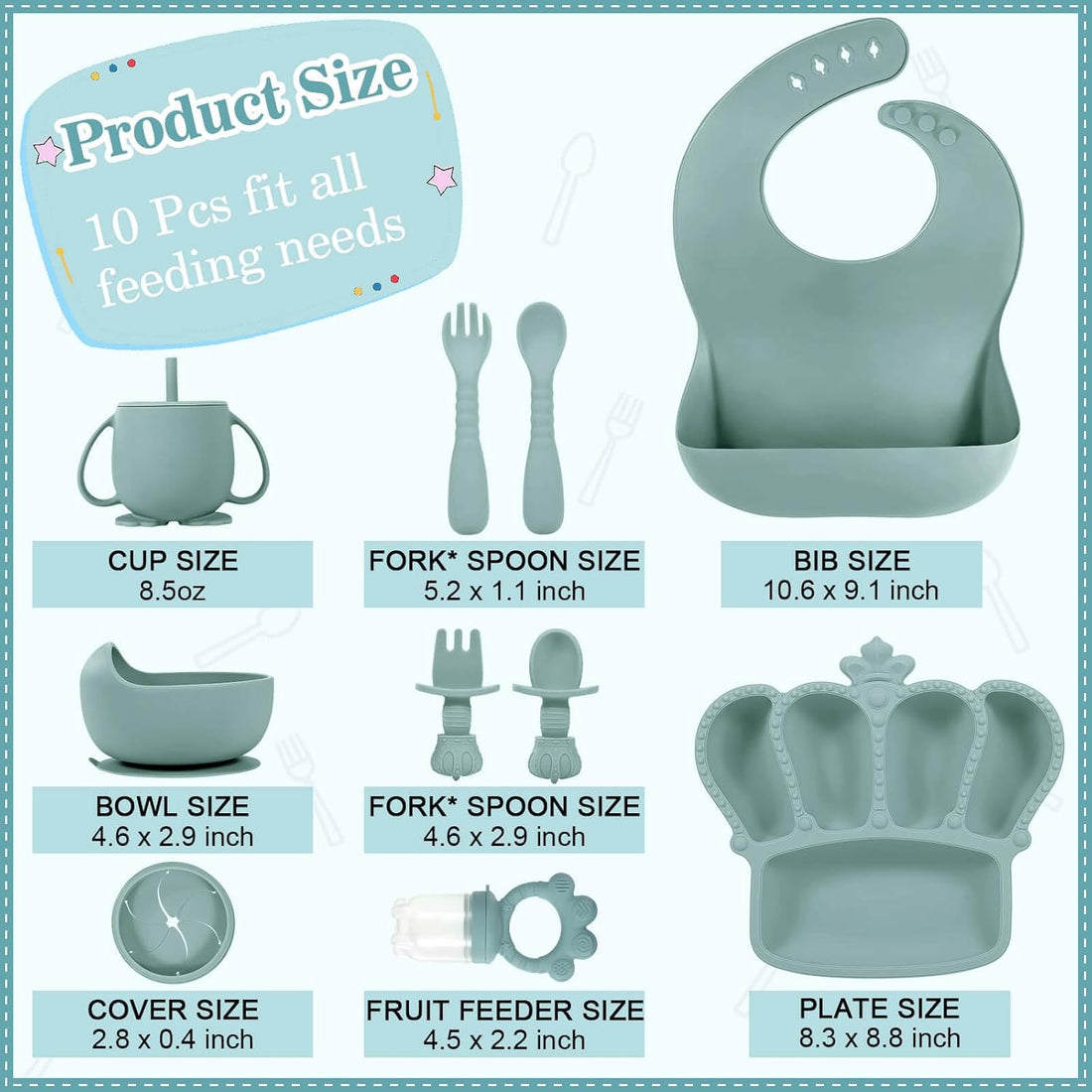 Silicone Baby Feeding Set 10 Pcs Baby Led Weaning Supplies Suction Bowl Divided Plate Baby Bibs Fruit Feeder Pacifier Baby Spoons Forks Sippy Cup Utensil Sets Baby Essentials for Newborn Grey Blue