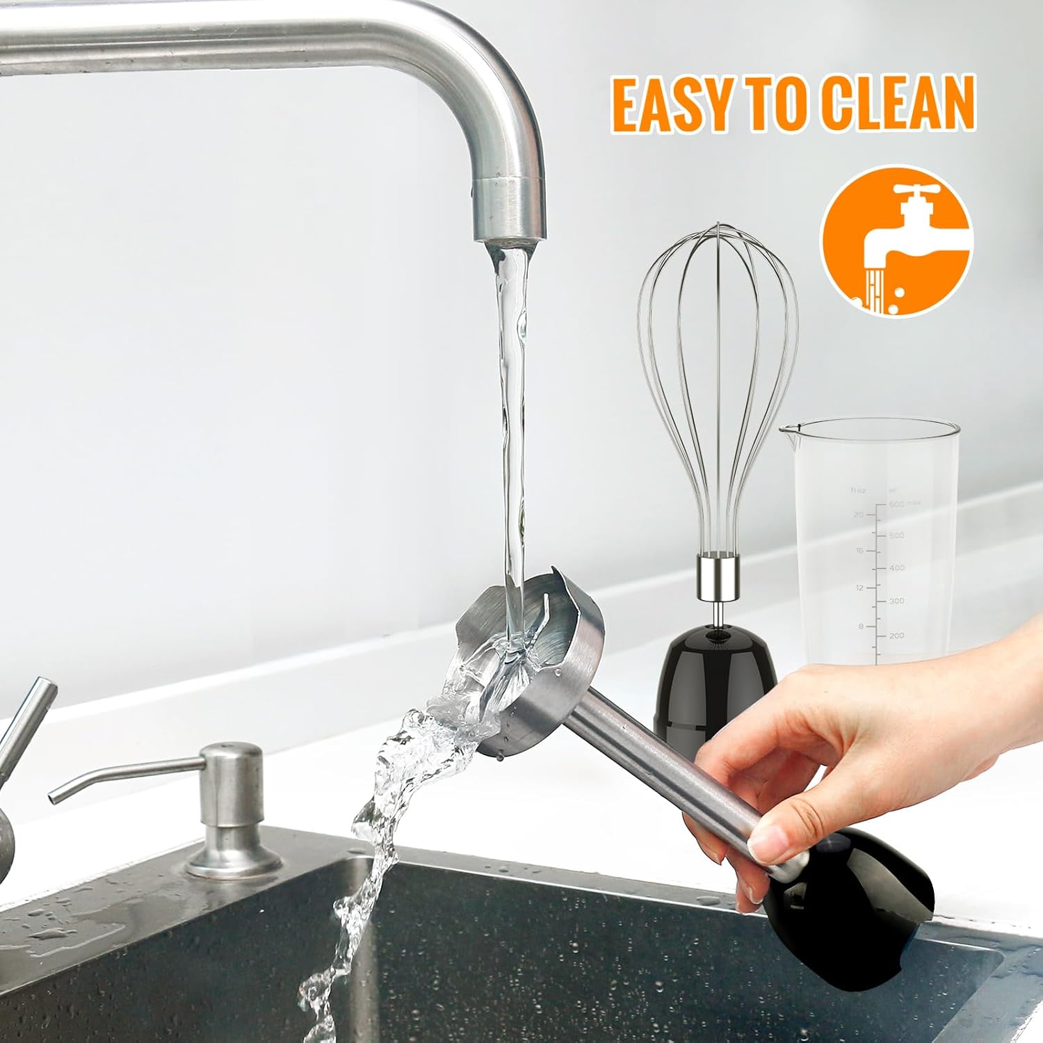 Immersion Blender Handheld, 1100W 5-In-1 Multi-Purpose Hand Blender, 12-Speed Stick Blender, 600Ml Beaker, 500Ml Chopper, Egg Whisk, Milk Frother, Black