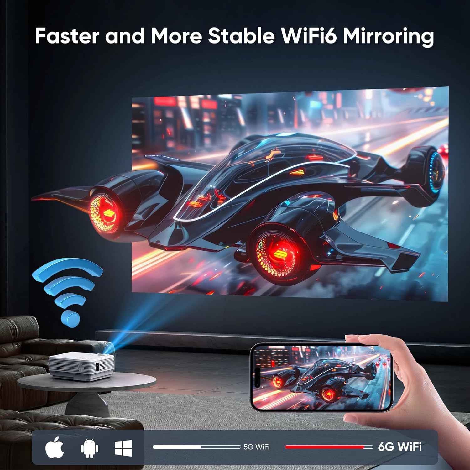【Netflix Officially】 Smart Projector with Wifi and Bluetooth, Mini Movie Projector with Apps Built-In, 1080P Outdoor Projector for Phone/Pc/Hdmi/Usb, Two-Way Bluetooth, 50% Zoom