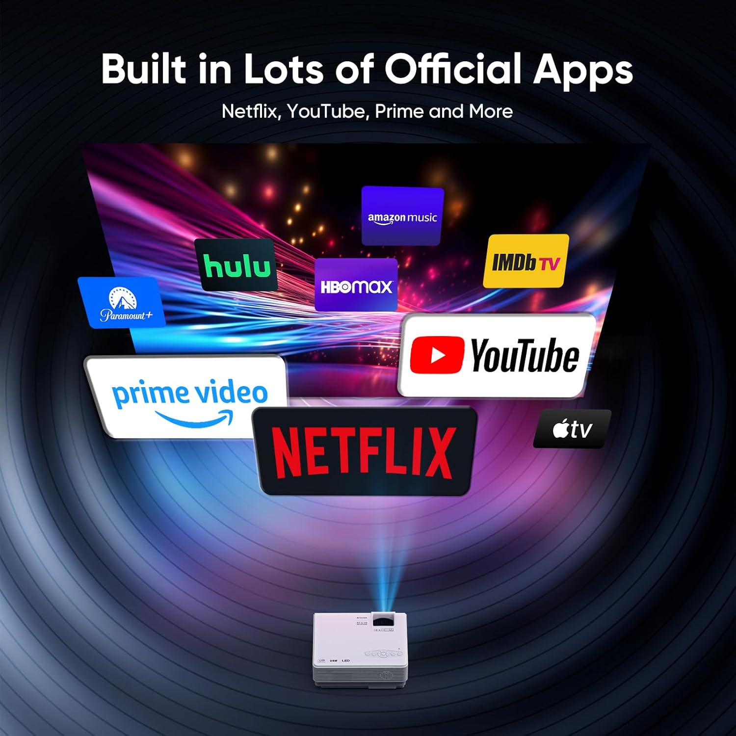 【Netflix Officially】 Smart Projector with Wifi and Bluetooth, Mini Movie Projector with Apps Built-In, 1080P Outdoor Projector for Phone/Pc/Hdmi/Usb, Two-Way Bluetooth, 50% Zoom