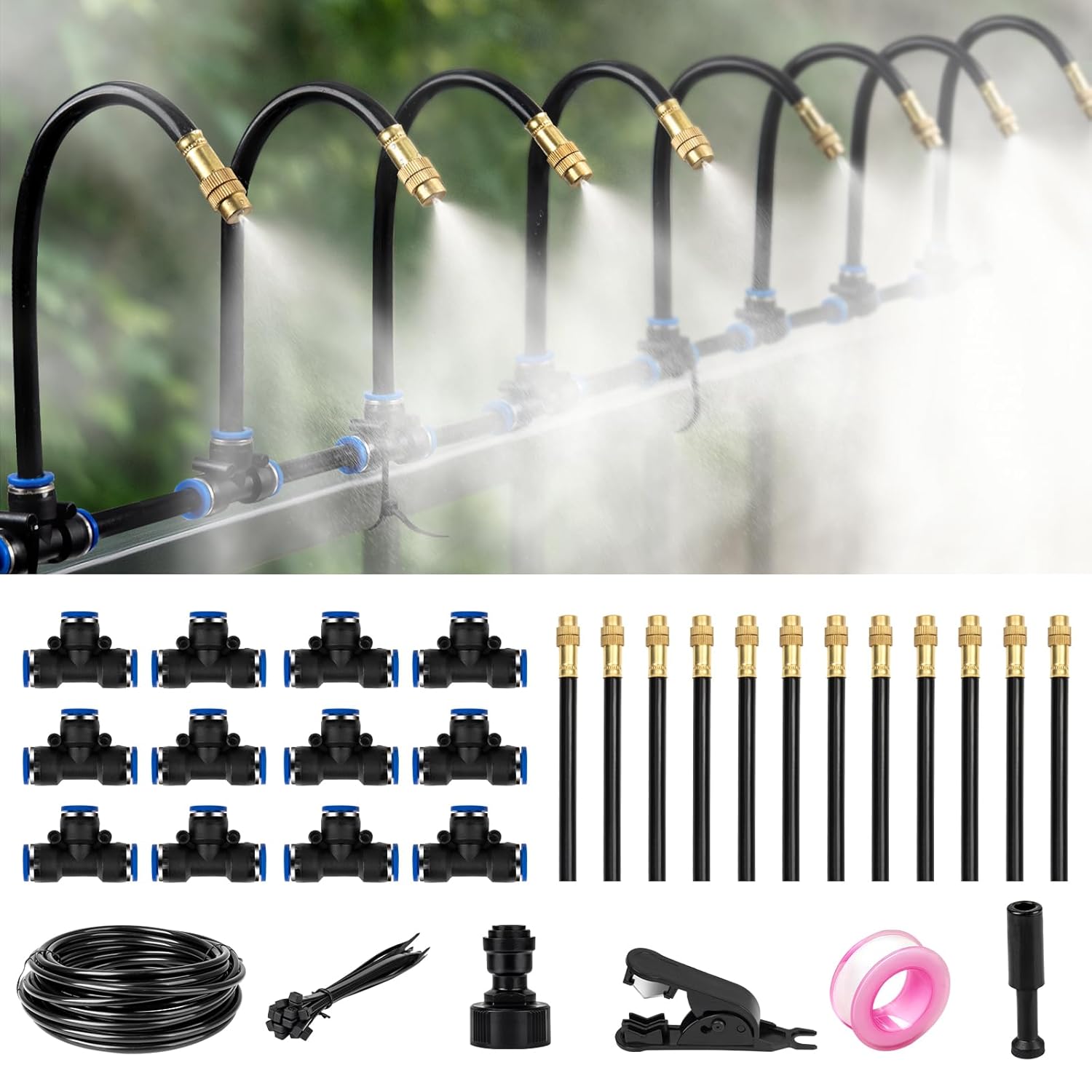 39FT Garden Mister System, Automatic Garden Watering System with 360-Degree Bending Dropper Atomizing Copper Nozzle, Drip Irrigation System for Garden, Greenhouse, Yard, Lawn, Plant (12 Spray Nozzles)