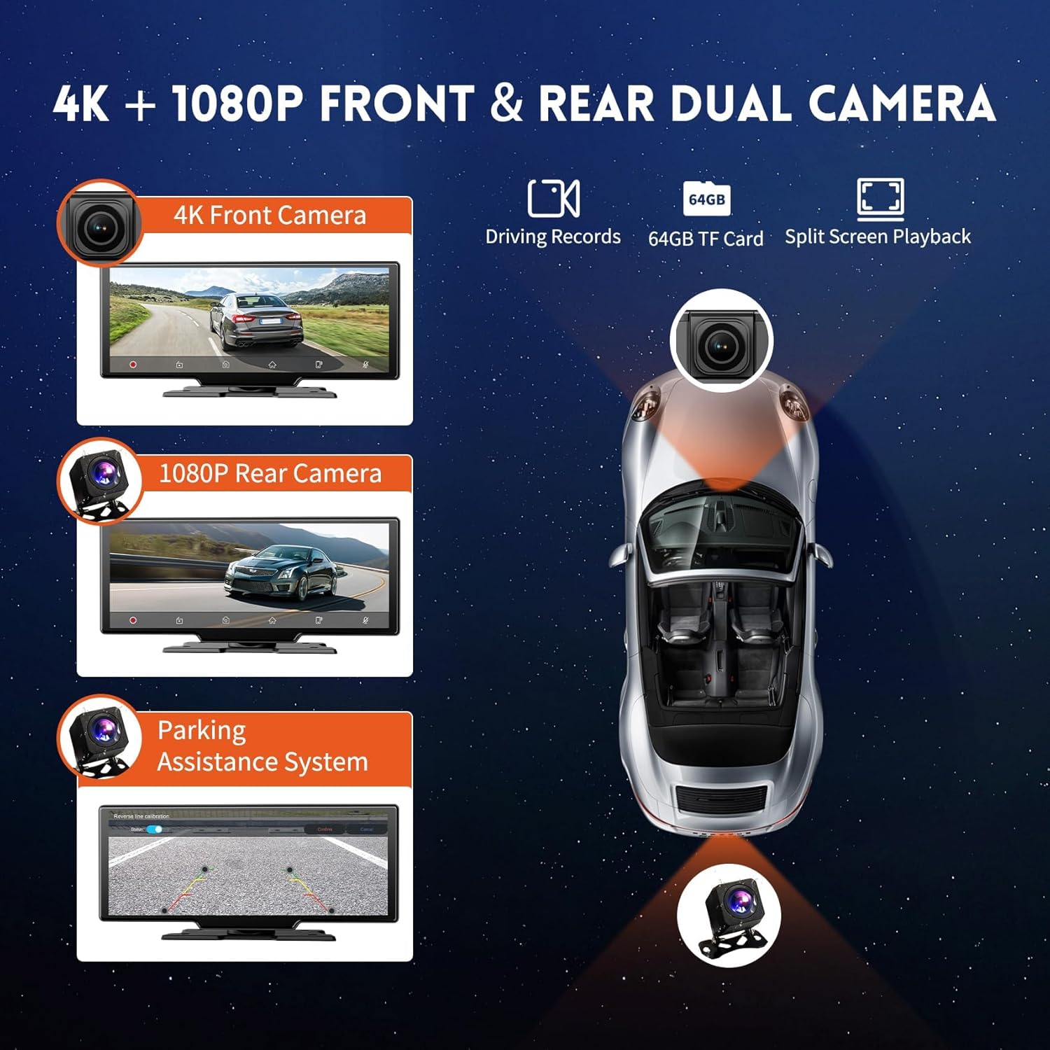 10.26" Wireless Carplay Screen with 4K Dash Cam, Portable Android Auto Screen, Car Stereo with 1080P Backup Camera, HD Touch Screen for All Vehicles, GPS Navigation, Mirror Link, Voice Control