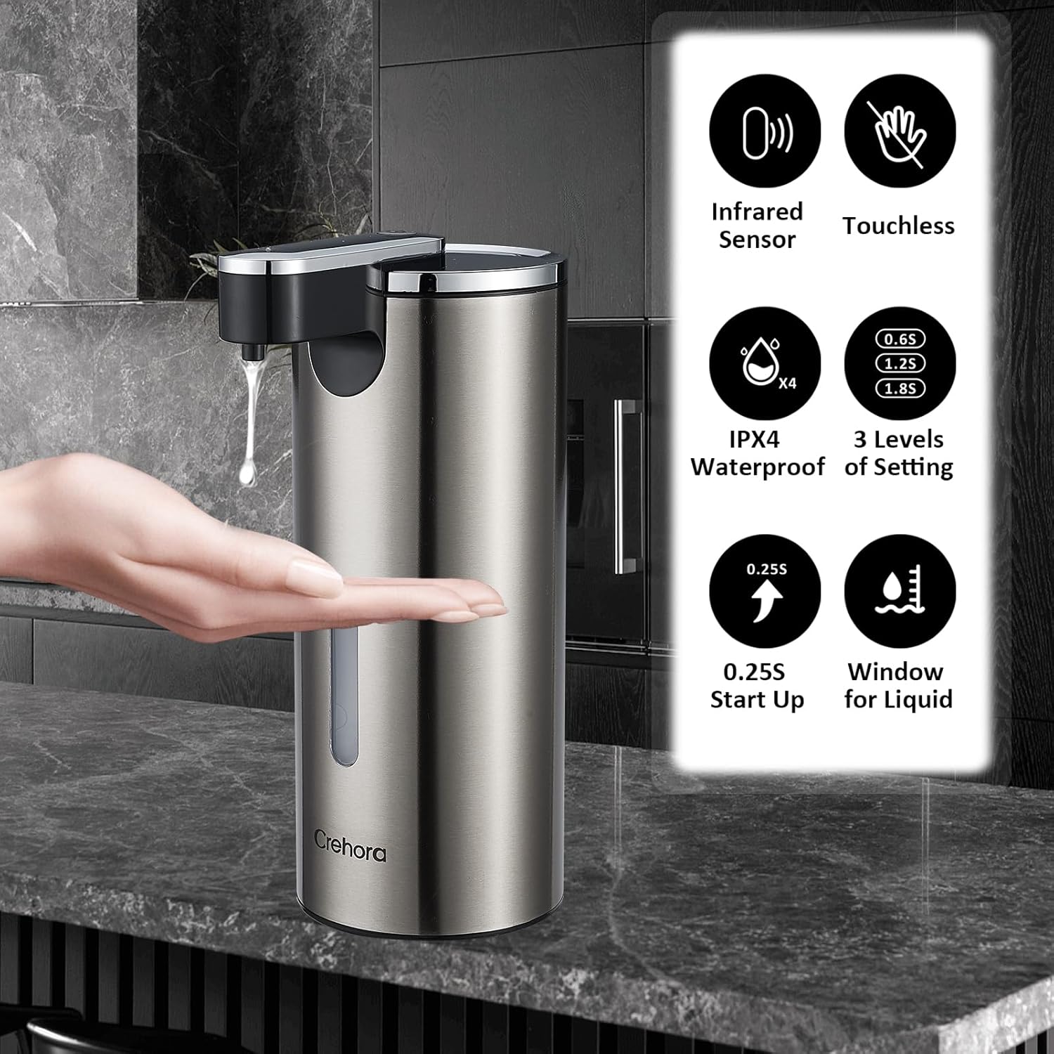 Automatic Soap Dispenser, Automatic Soap Dispenser Touchless, Kitchen & Bathroom, 3 Adjustable Volume for Liquid Soap, Water-Resistant, Hotel, Restaurant and School, Clog-Free, Stainless Steel
