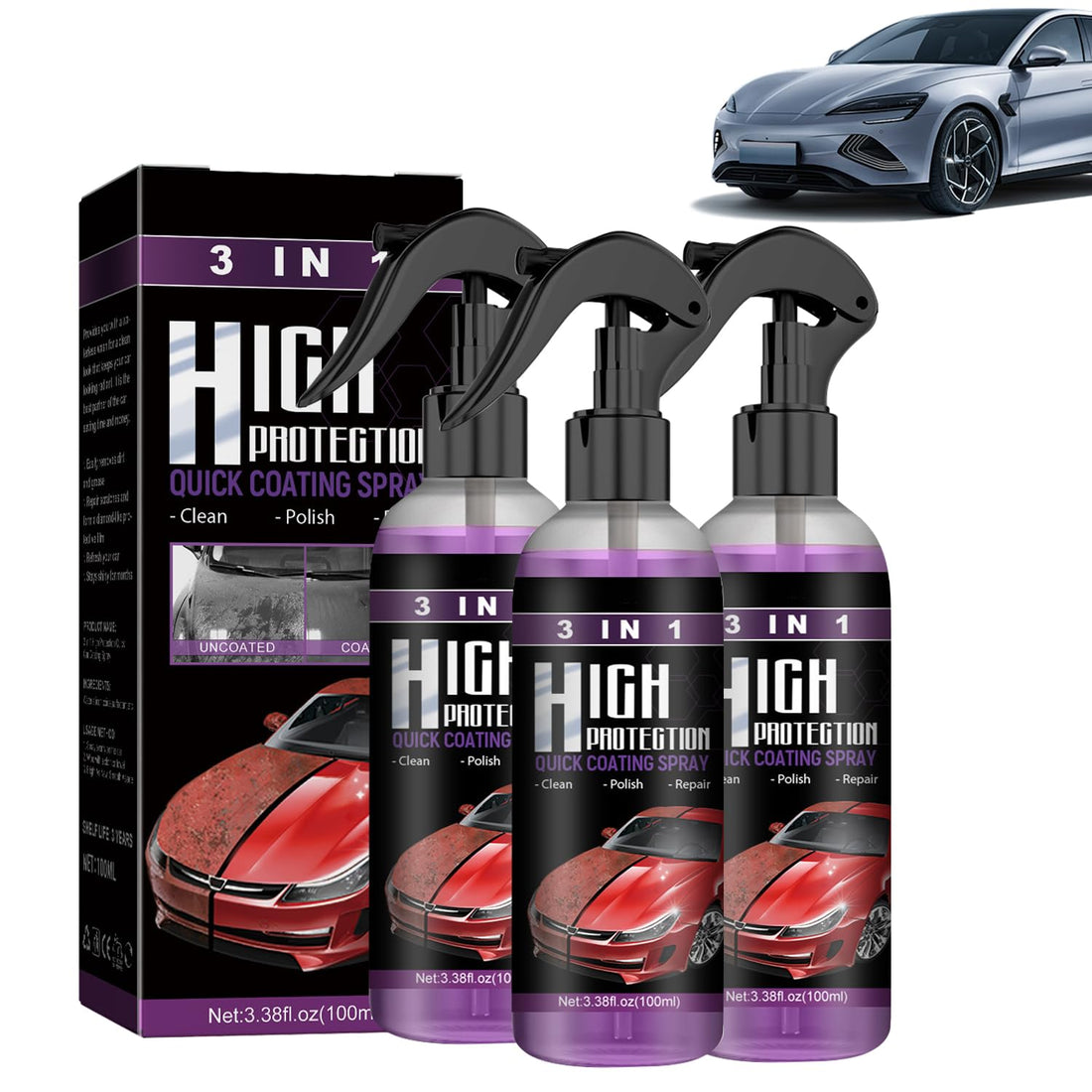 3 in 1 High Protection Quick Car Coating Spray, Ceramic Coating Spray 3 in 1, Car Scratch Nano Repair Spray, Car Coating Wax Polishing Spray, Fast Fine Scratch Repair(100 ML, 3PCS)