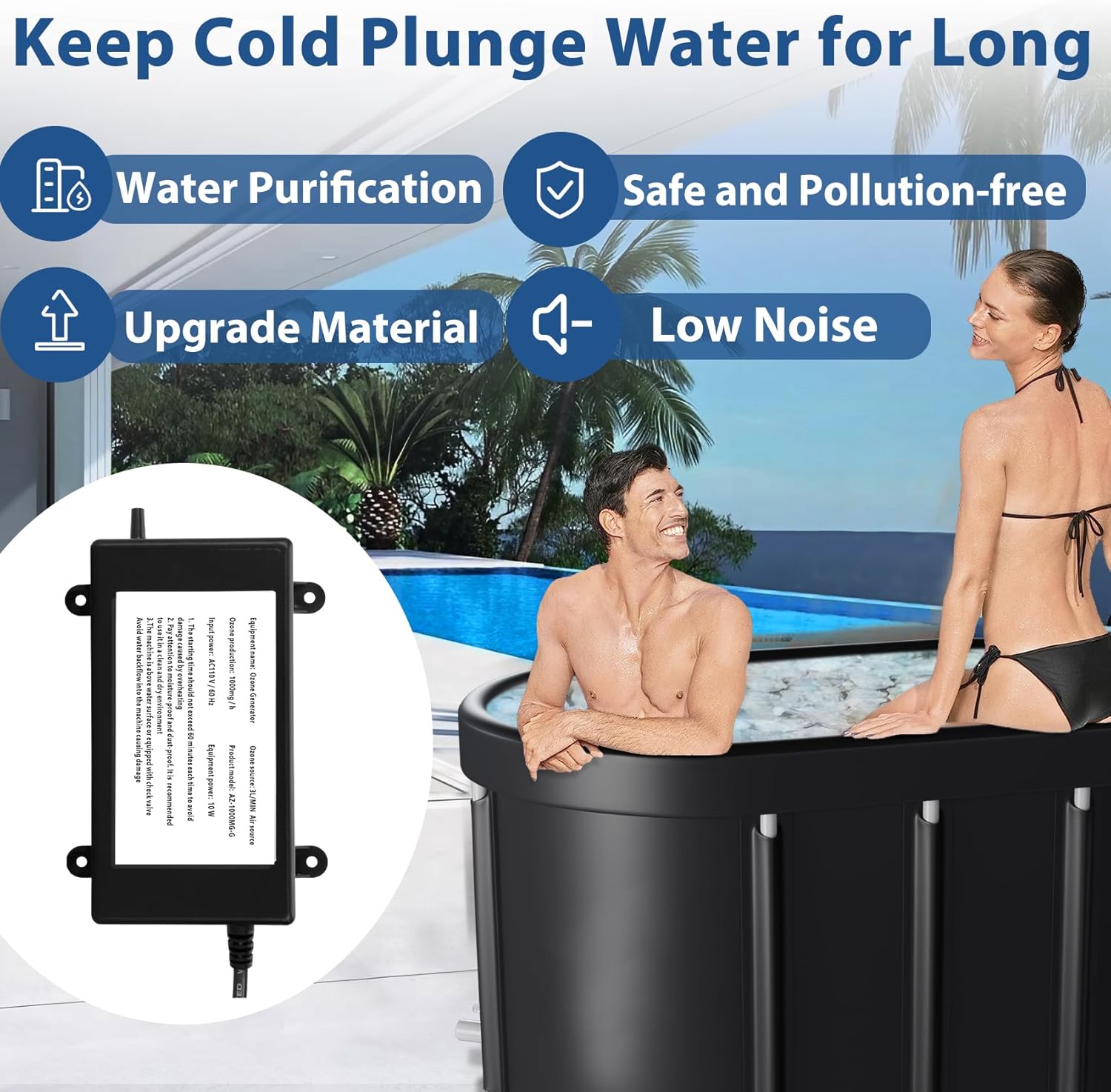 Ozone Generator for Cold Plunge, 1000Mg/H Ozone Generator for Water Keep Cold Plunge, Ice Bath, Spa, Hot Tub, Pool Clean and Fresh for a Long Time