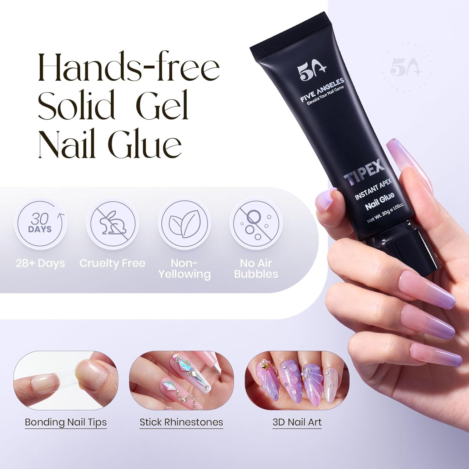 Tipex UV Gel Nail Adhesive, 30G Solid for Soft Acrylic Tips, Long Lasting Strong Bonding for 28+ Days, Large Volume Tube, Rhinestone Glue for Nail Art