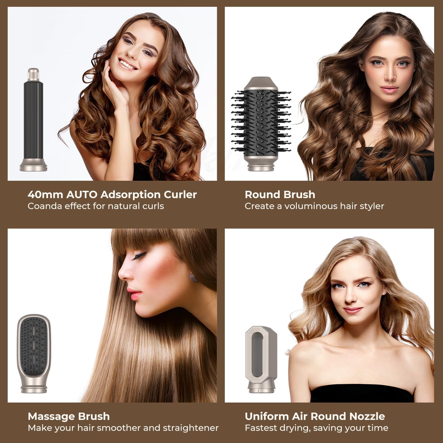 Hair Dryer Brush 6 in 1 Detachable Blow Dryer Brush Set 60000RPM Hair Styling Tool 1000W Professional Hot Air Styler Negative Ionic Hot Air Brush Auto Air Curler Straighten round Brush (Gold)