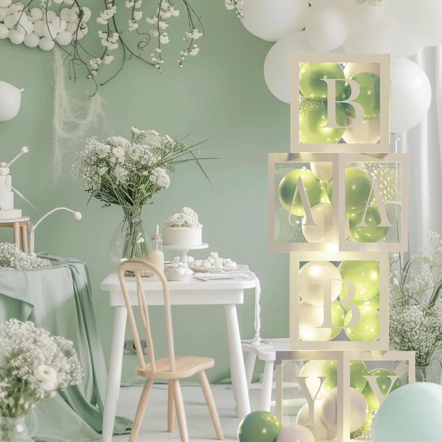 Baby Shower Balloon Boxes 4Pcs Clear Baby Blocks with Letters 4 Pack Led Fairy String Lights and 36Pcs Sage Green & Gold Balloons for Baby Shower Decorations，Birthday or Gender Reveal Parties