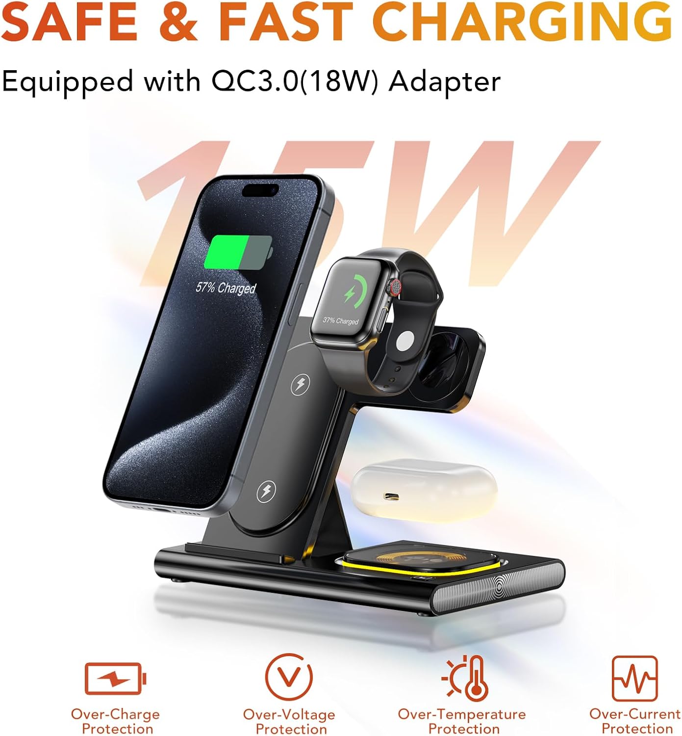 3 in 1 Foldable Charging Station for Apple Products,Fast Wireless Charger Travel Dock Adapter&Light for Iphone 16/15/14/13/12/11/X/Xs,For Iwatch 10/9/8/7/Ultra2/Ultra/Se,For Airpods 4/3/2/Pro/2(Black)